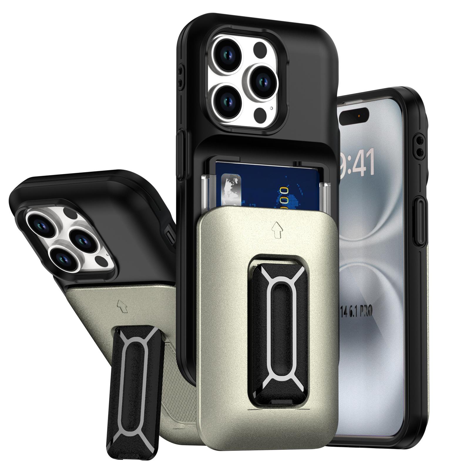 For iPhone 14 Pro Sliding Card Holder Integrated Phone Case with Kickstand(Black Gold) - Shopkiz.com