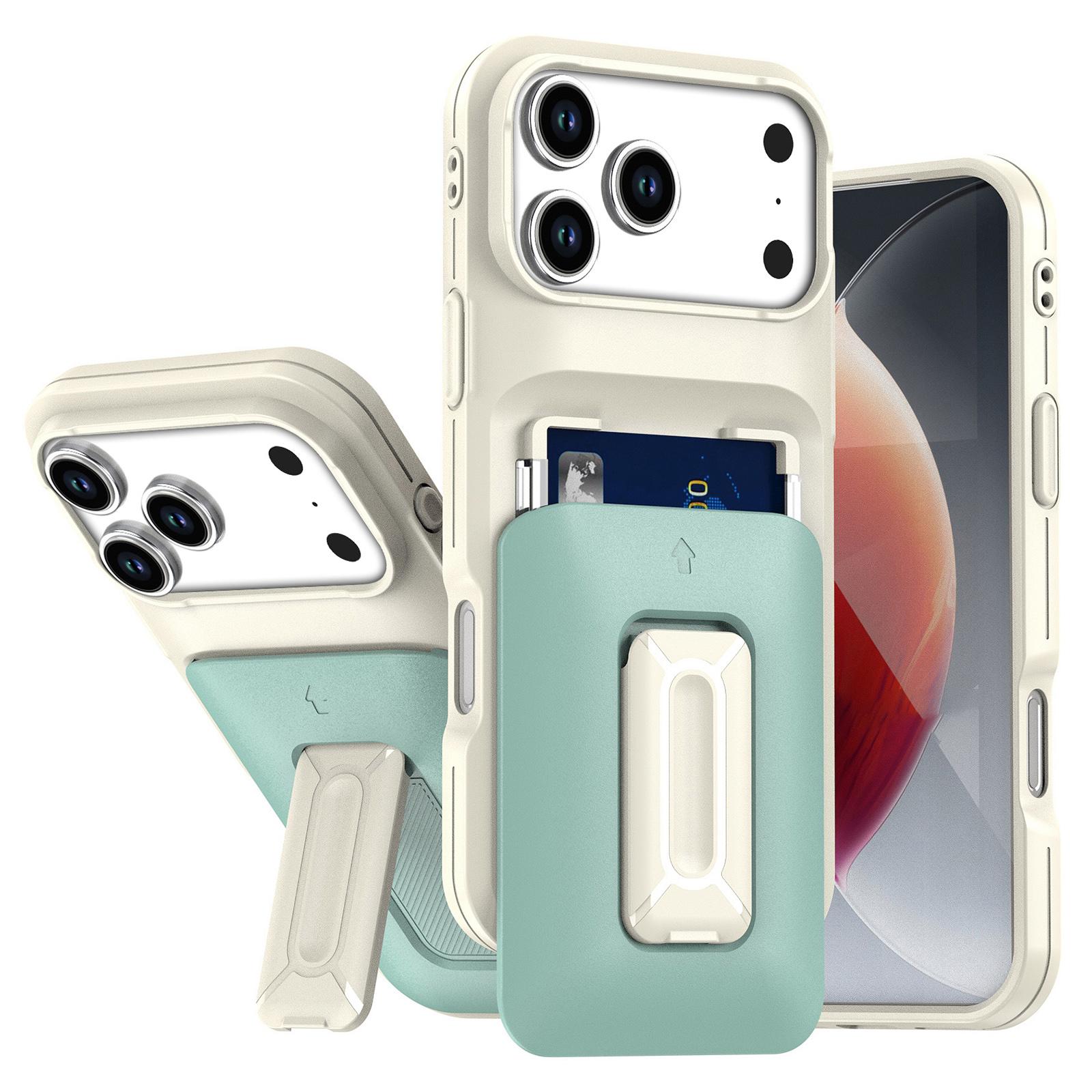 For iPhone 18 Pro Max / 17 Pro Max Sliding Card Holder Integrated Phone Case with Kickstand(Beige Green) - Shopkiz.com