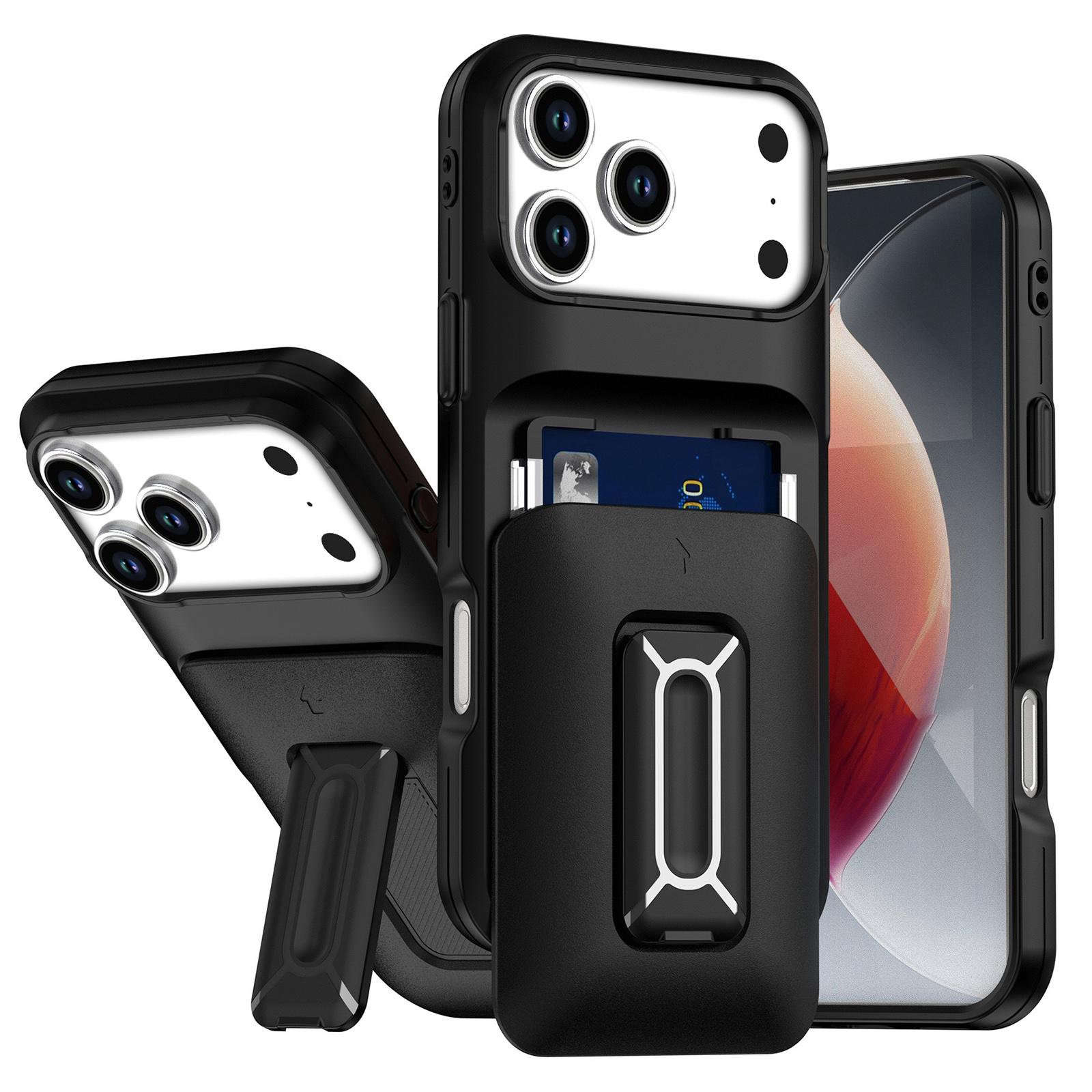 For iPhone 18 Pro / 17 Pro Sliding Card Holder Integrated Phone Case with Kickstand(Black) - Shopkiz.com