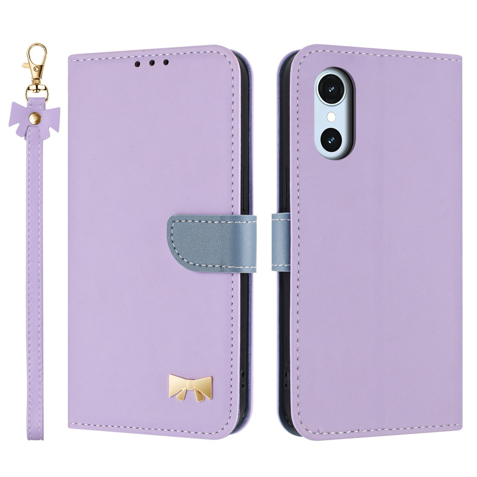 For Fujitsu Arrows We3 Metal Bow Leather Phone Case with Hand Strap(Purple) - Shopkiz.com