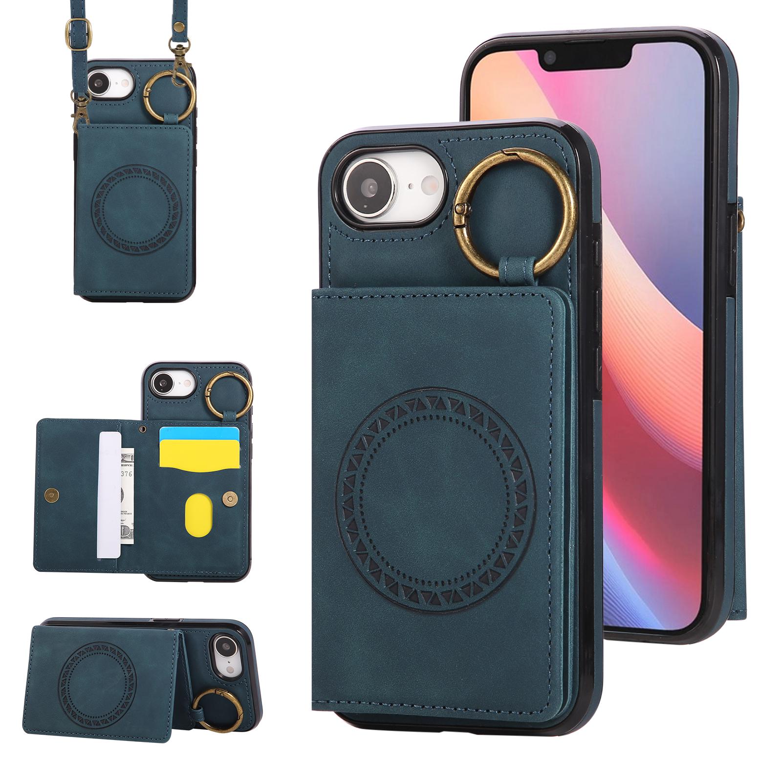 For iPhone 17e / 16e Car Magnetic Ring Buckle Card Bag Phone Case with Lanyard(Green) - Shopkiz.com