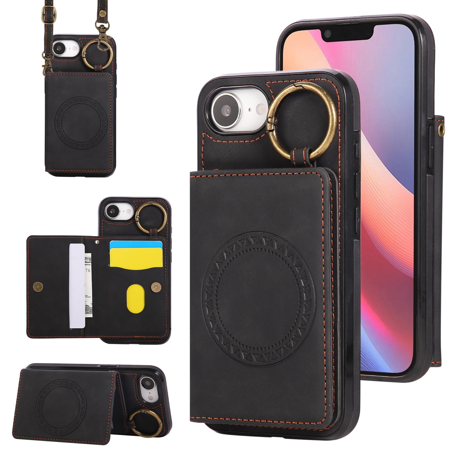 For iPhone 17e / 16e Car Magnetic Ring Buckle Card Bag Phone Case with Lanyard(Black) - Shopkiz.com