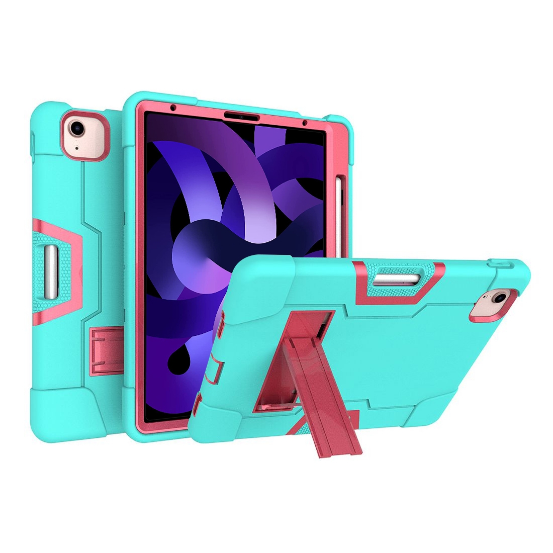 For iPad Air 2022 / 2020 10.9 Contrast Color Robot Shockproof Silicon + PC Protective Case with Holder & Pen Slot(Mint Green + Rose Red) - Shopkiz.com