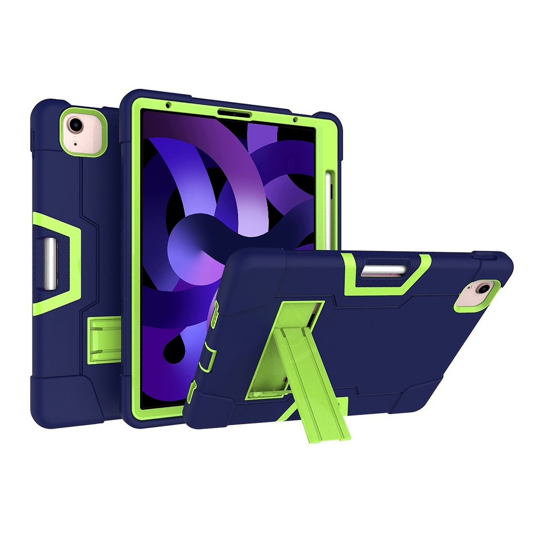 For iPad Air 2022 / 2020 10.9 Contrast Color Robot Shockproof Silicon + PC Protective Case with Holder & Pen Slot(Navy Blue + Yellow-green) -