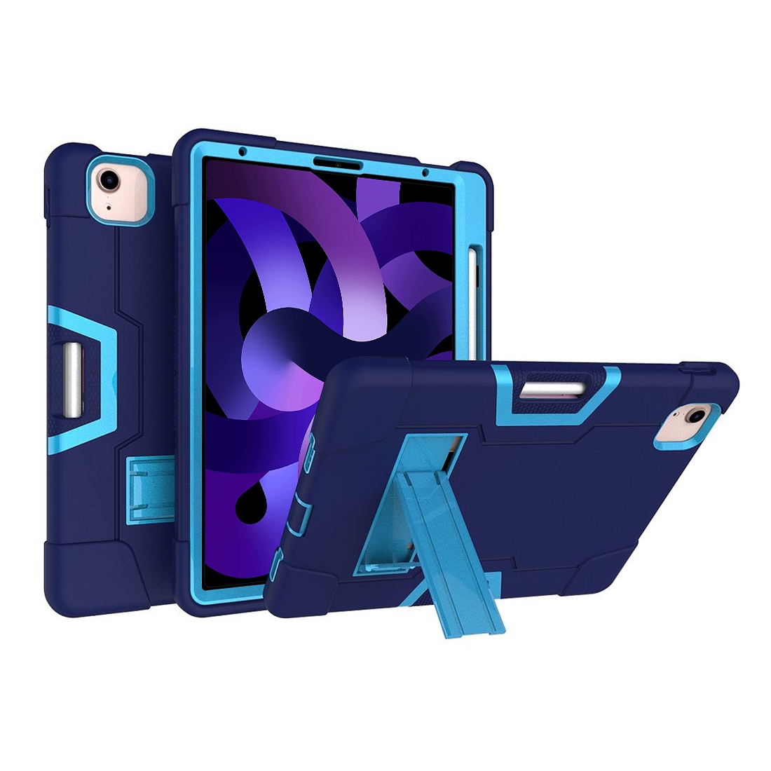 For iPad Air 2022 / 2020 10.9 Contrast Color Robot Shockproof Silicon + PC Protective Case with Holder & Pen Slot(Navy Blue + Blue) - Shopkiz.com