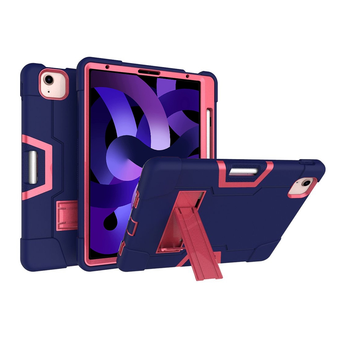 For iPad Air 2022 / 2020 10.9 Contrast Color Robot Shockproof Silicon + PC Protective Case with Holder & Pen Slot(Navy Blue + Rose Red) - Shopkiz.com