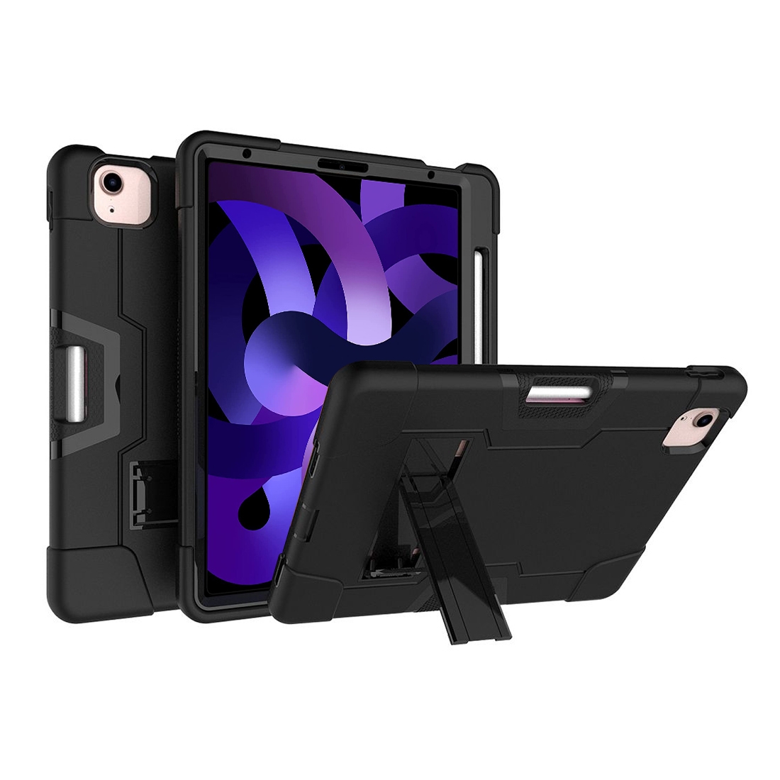 For iPad Air 2022 / 2020 10.9 Contrast Color Robot Shockproof Silicon + PC Protective Case with Holder & Pen Slot(Black) - Shopkiz.com