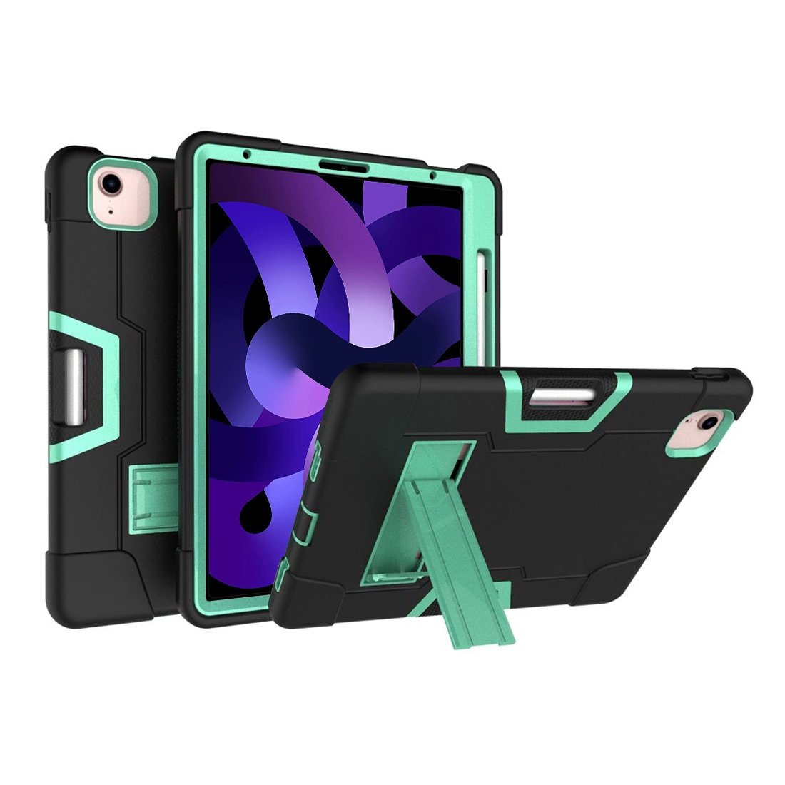 For iPad Air 2022 / 2020 10.9 Contrast Color Robot Shockproof Silicon + PC Protective Case with Holder & Pen Slot(Black + Mint Green) - Shopkiz.com