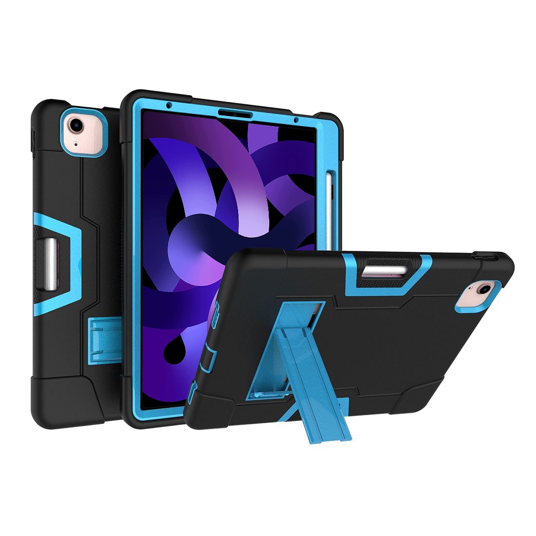 For iPad Air 2022 / 2020 10.9 Contrast Color Robot Shockproof Silicon + PC Protective Case with Holder & Pen Slot(Black + Blue) - Shopkiz.com
