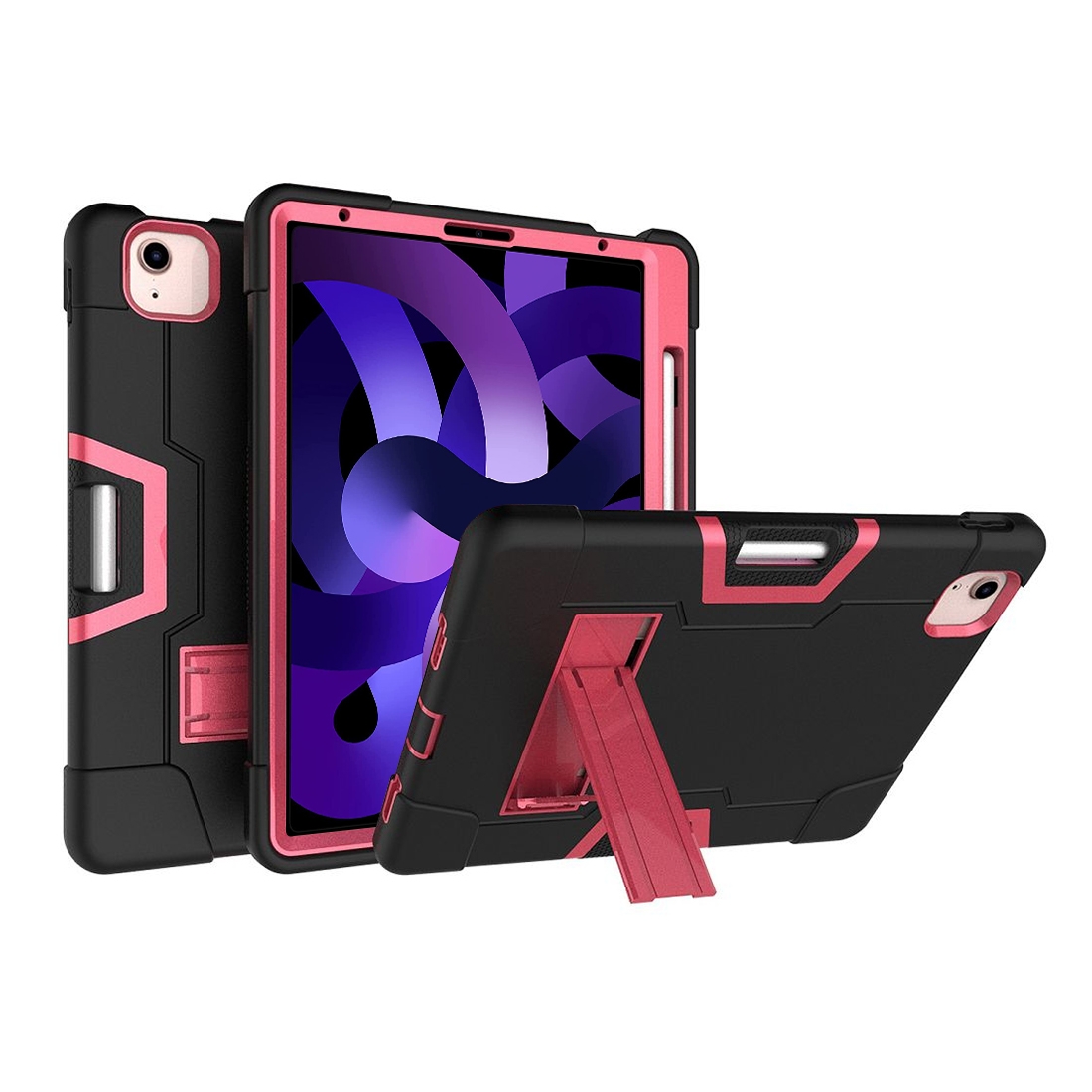 For iPad Air 2022 / 2020 10.9 Contrast Color Robot Shockproof Silicon + PC Protective Case with Holder & Pen Slot(Black + Rose Red) - Shopkiz.com