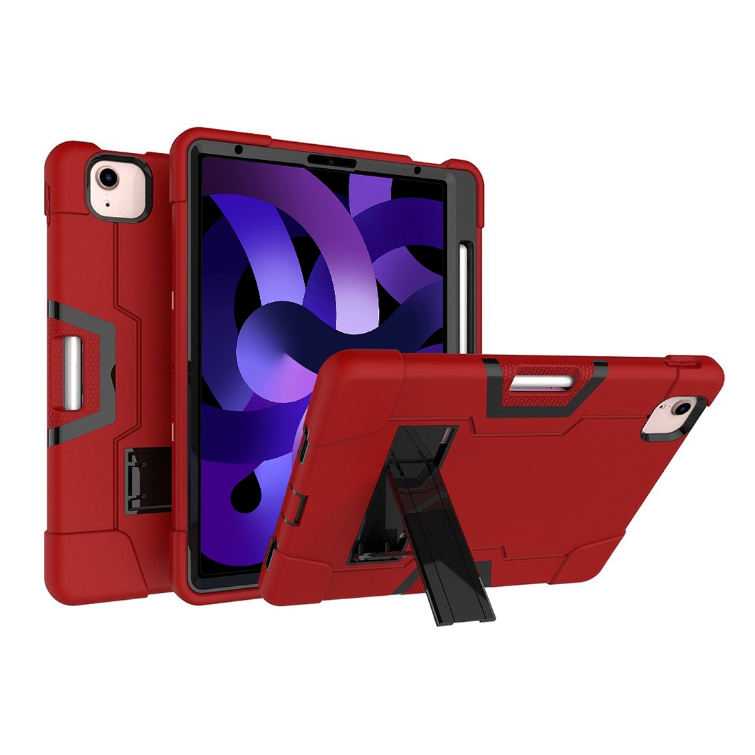 For iPad Air 2022 / 2020 10.9 Contrast Color Robot Shockproof Silicon + PC Protective Case with Holder & Pen Slot(Red + Black) - Shopkiz.com