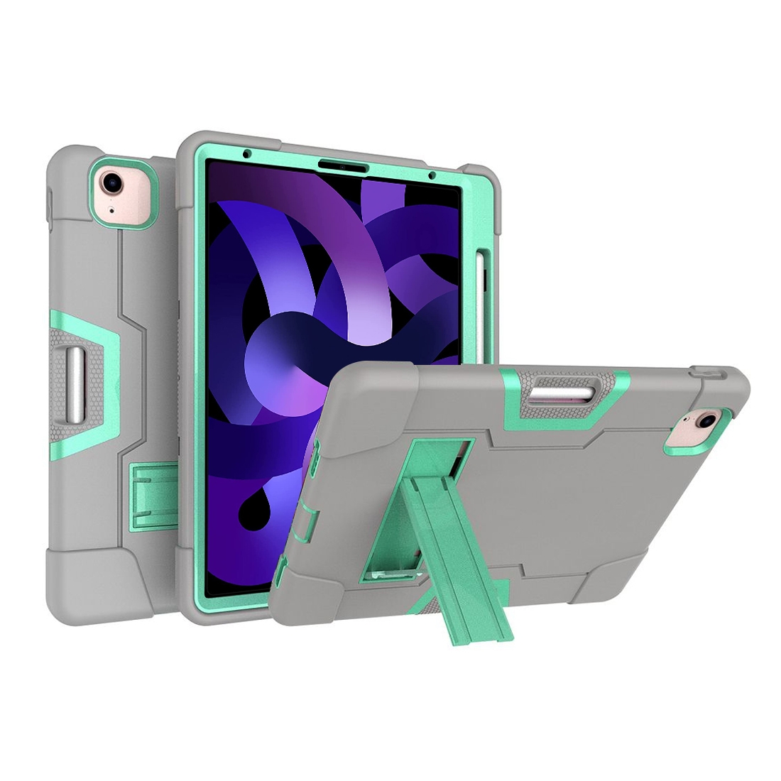 For iPad Air 2022 / 2020 10.9 Contrast Color Robot Shockproof Silicon + PC Protective Case with Holder & Pen Slot(Grey + Mint Green) - Shopkiz.com