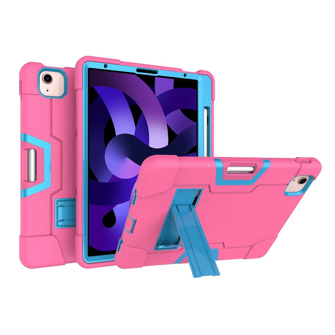 For iPad Air 2022 / 2020 10.9 Contrast Color Robot Shockproof Silicon + PC Protective Case with Holder & Pen Slot(Rose Red + Blue) - Shopkiz.com