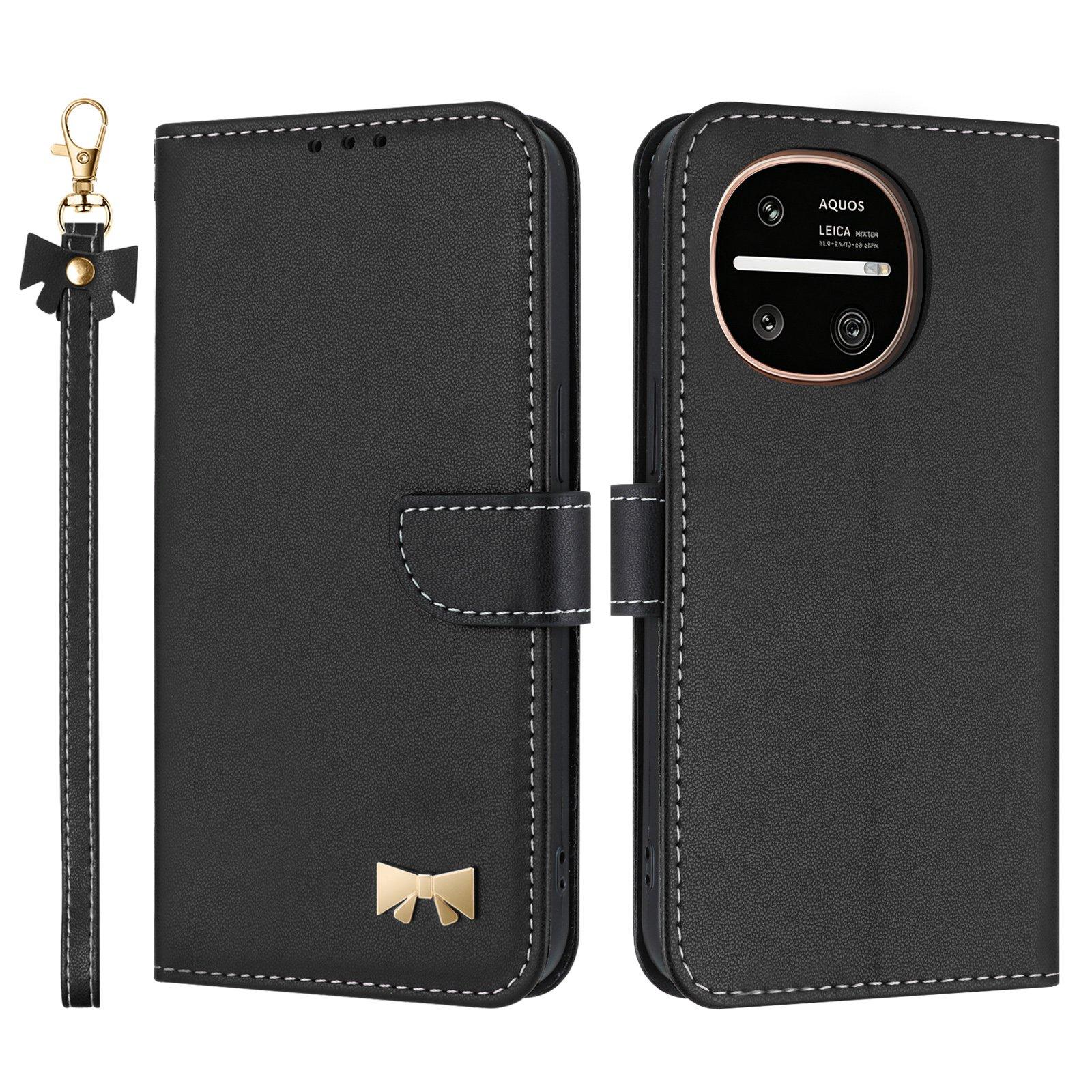 For Sharp Aquos R11 Metal Bow Leather Phone Case with Hand Strap(Black) - Shopkiz.com