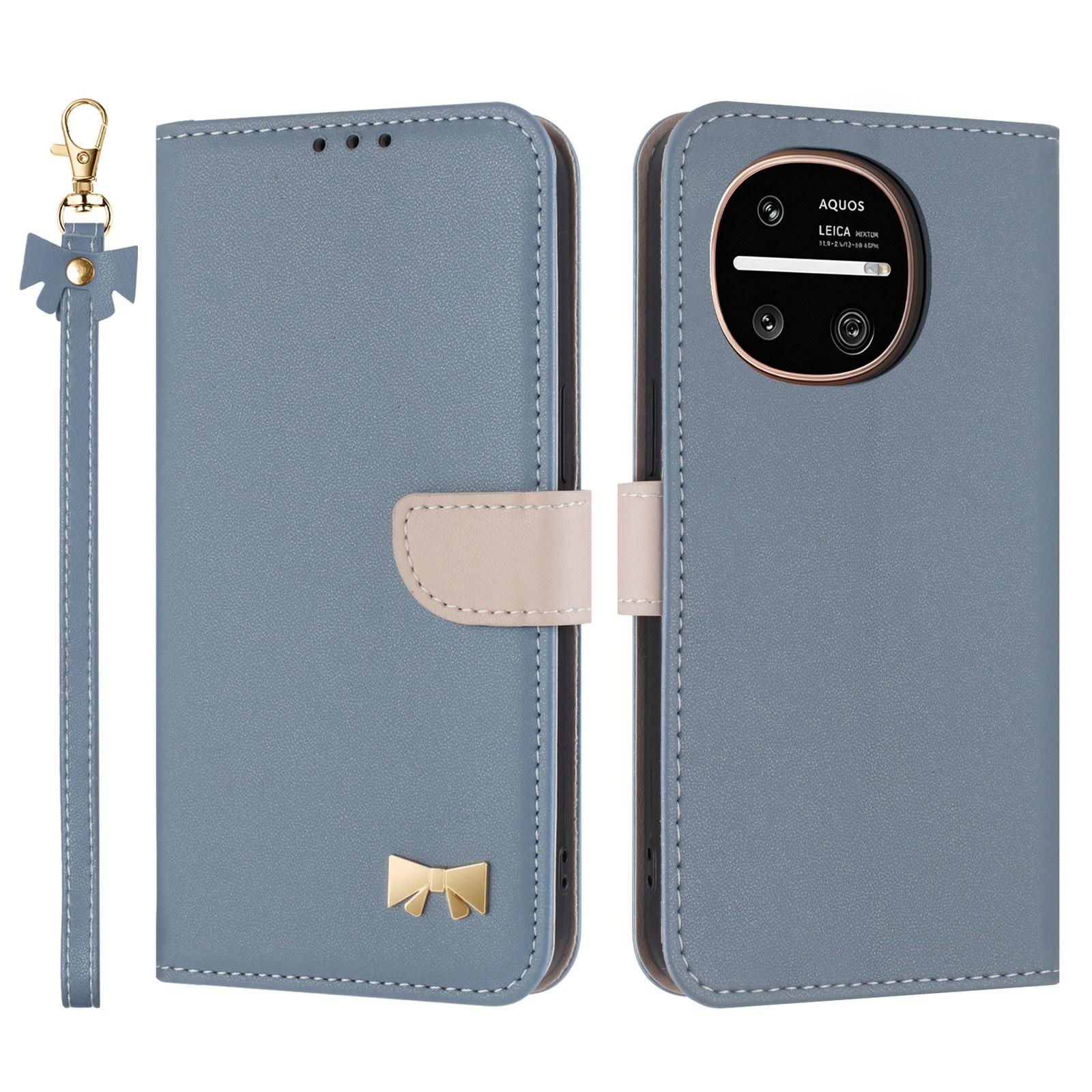 For Sharp Aquos R11 Metal Bow Leather Phone Case with Hand Strap(Light Blue) - Shopkiz.com