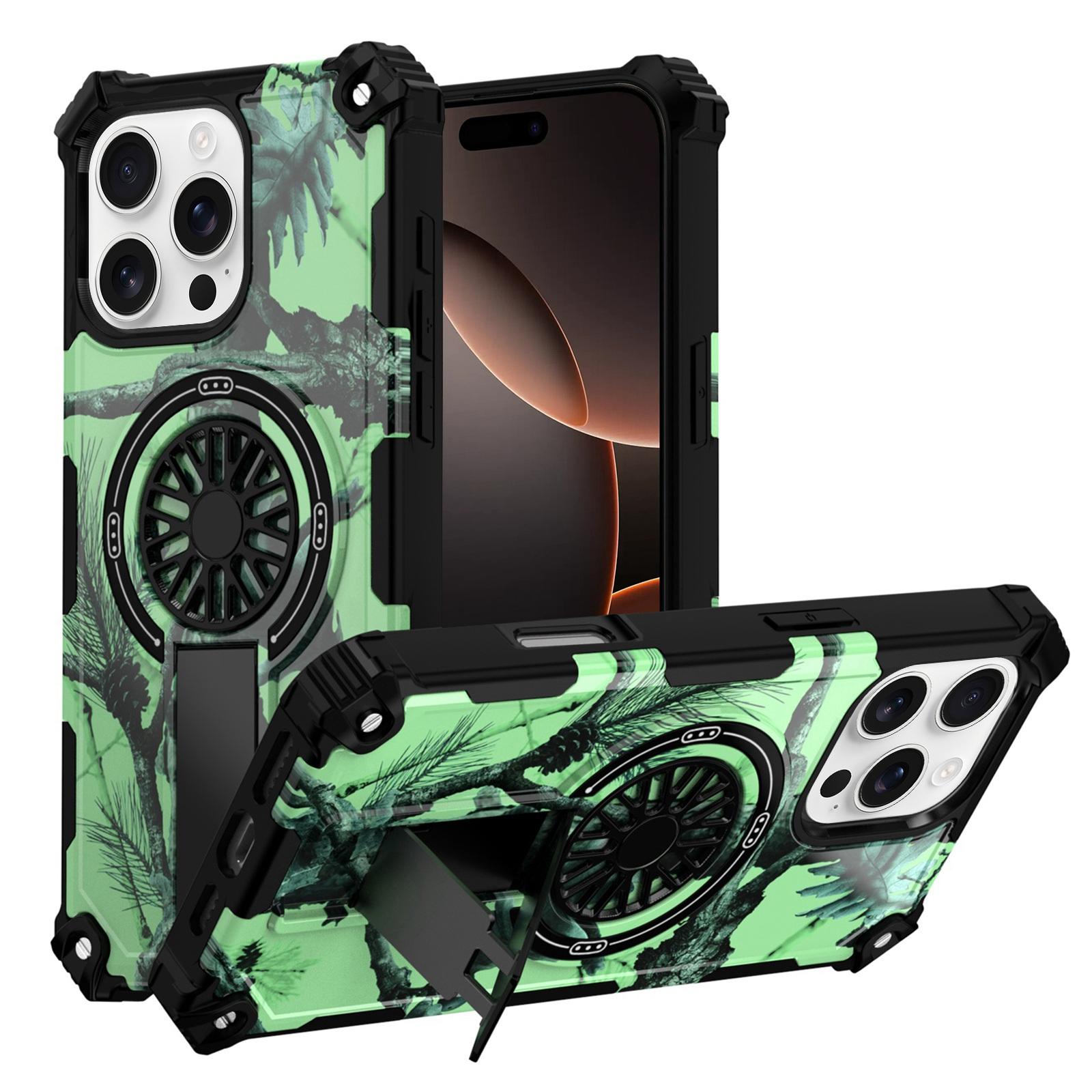 For iPhone 16 Pro Max Camouflage Kickstand Rotating Shaft MagSafe Phone Case(Bright Green Branches) - Shopkiz.com
