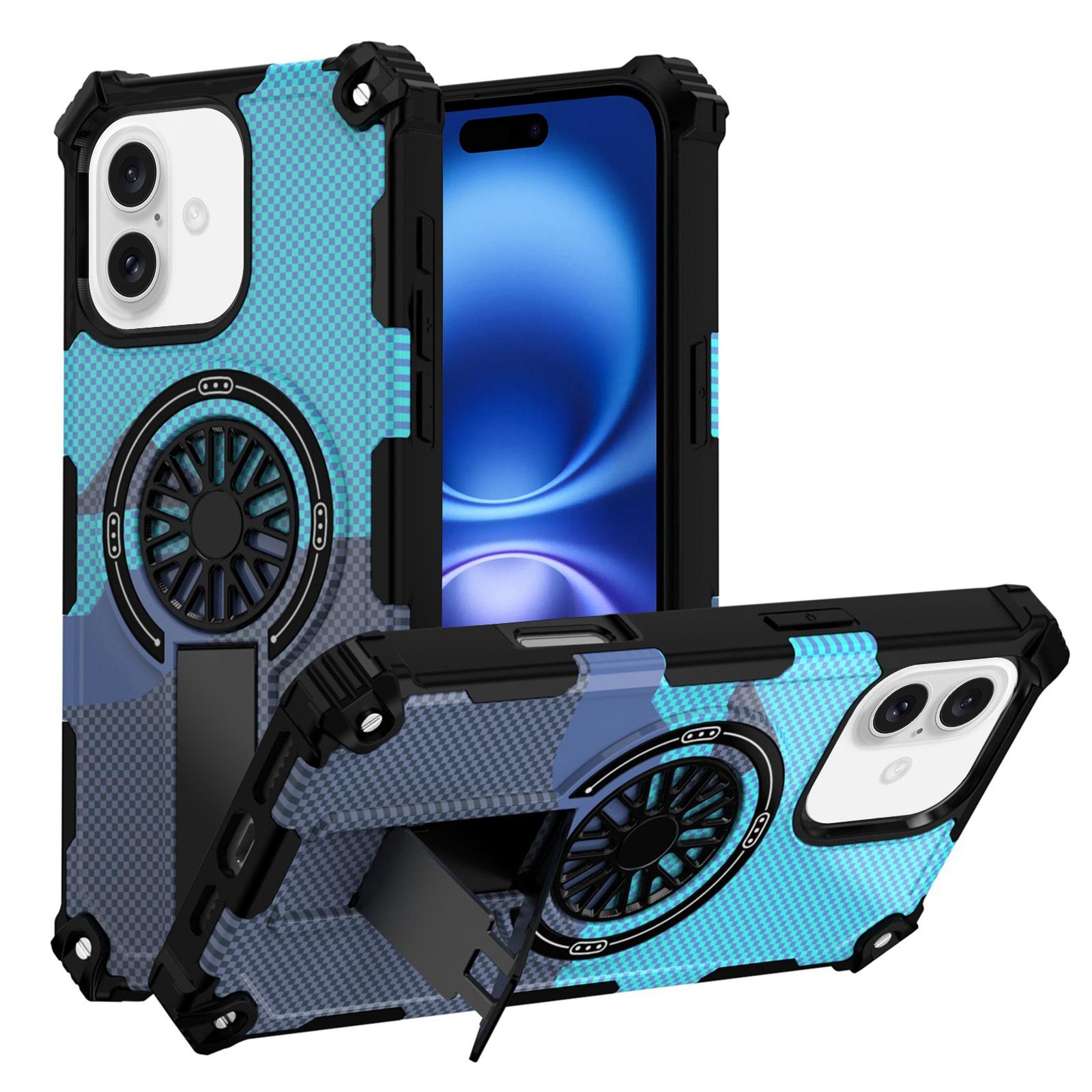 For iPhone 16 Plus Camouflage Kickstand Rotating Shaft MagSafe Phone Case(Carbon Fiber Sky Blue) - Shopkiz.com
