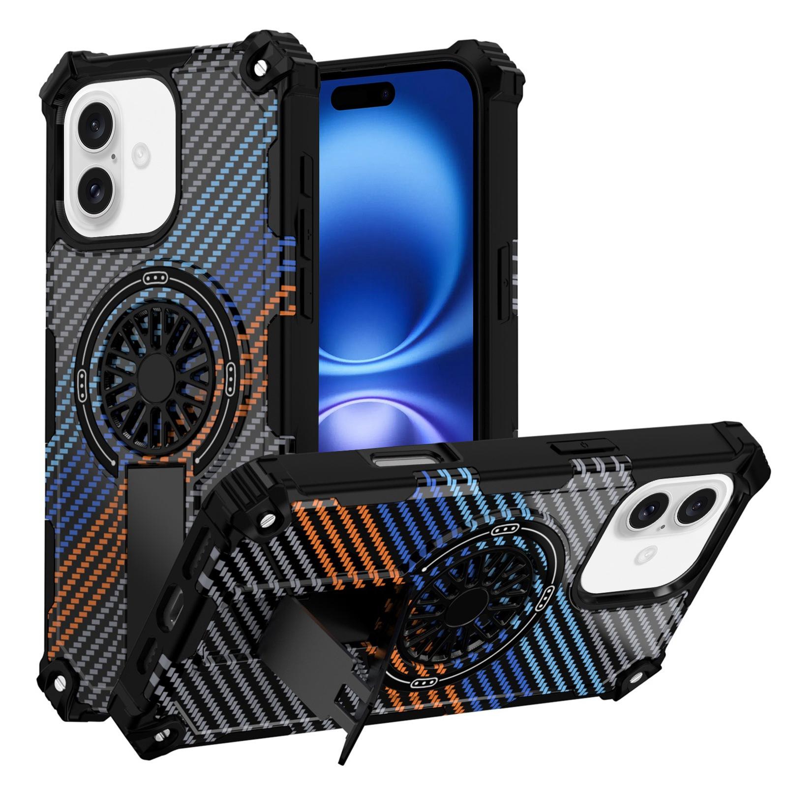 For iPhone 16 Camouflage Kickstand Rotating Shaft MagSafe Phone Case(Carbon Fiber Rainbow) - Shopkiz.com