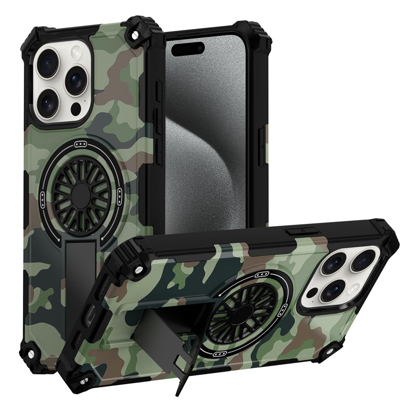 For iPhone 15 Pro Max Camouflage Kickstand Rotating Shaft MagSafe Phone Case(Army Green Camouflage) - Shopkiz.com