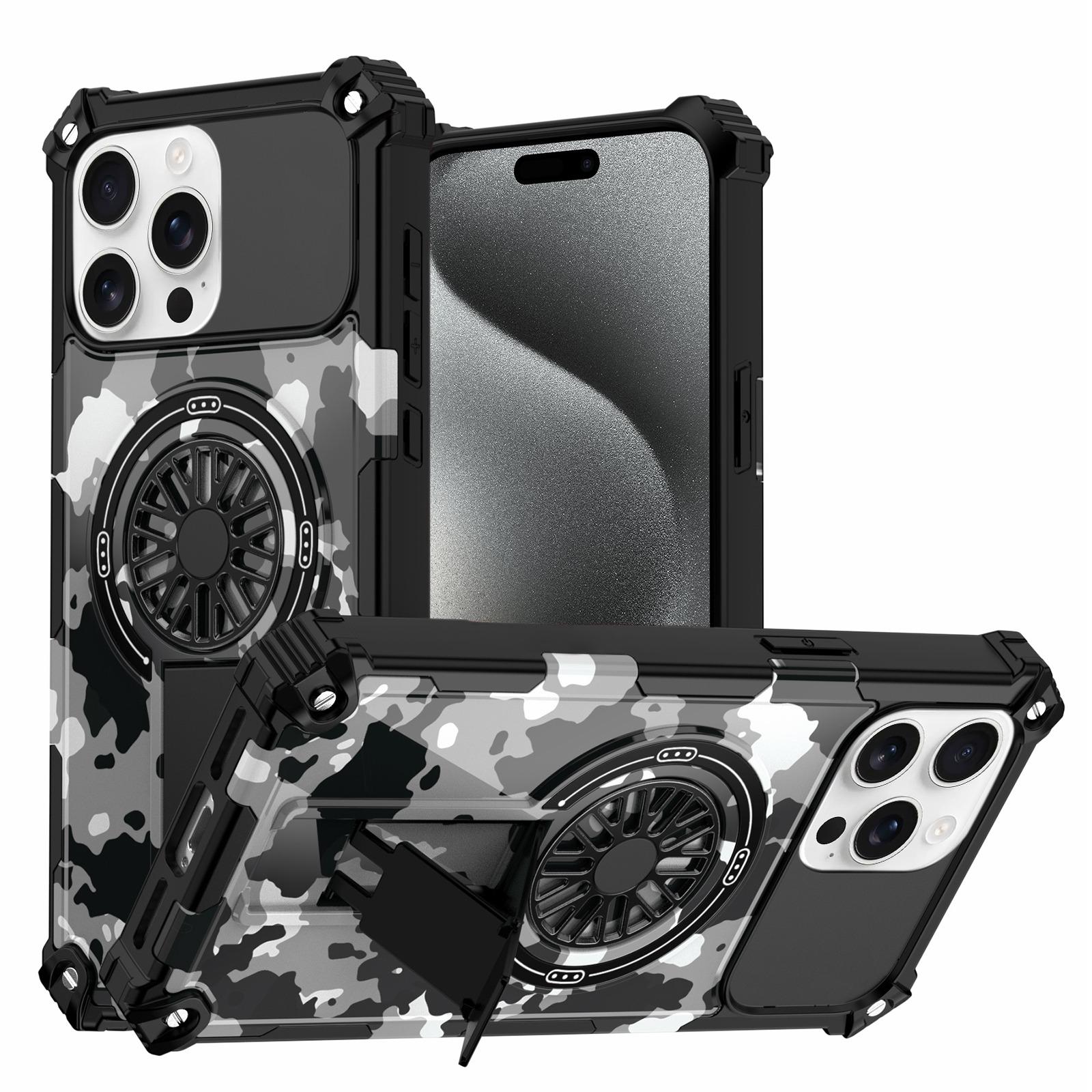 For iPhone 15 Pro Camouflage Kickstand Rotating Shaft MagSafe Phone Case(Grey Camouflage) - Shopkiz.com