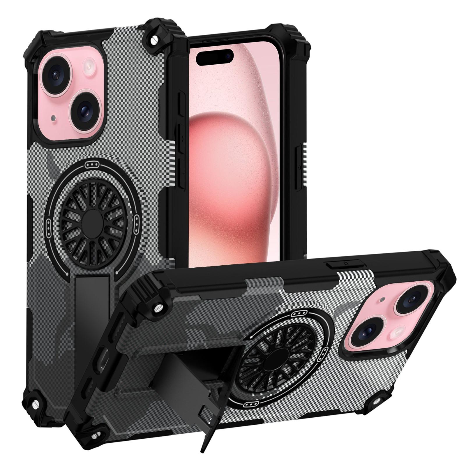 For iPhone 15 Plus Camouflage Kickstand Rotating Shaft MagSafe Phone Case(Carbon Fiber Grey) - Shopkiz.com