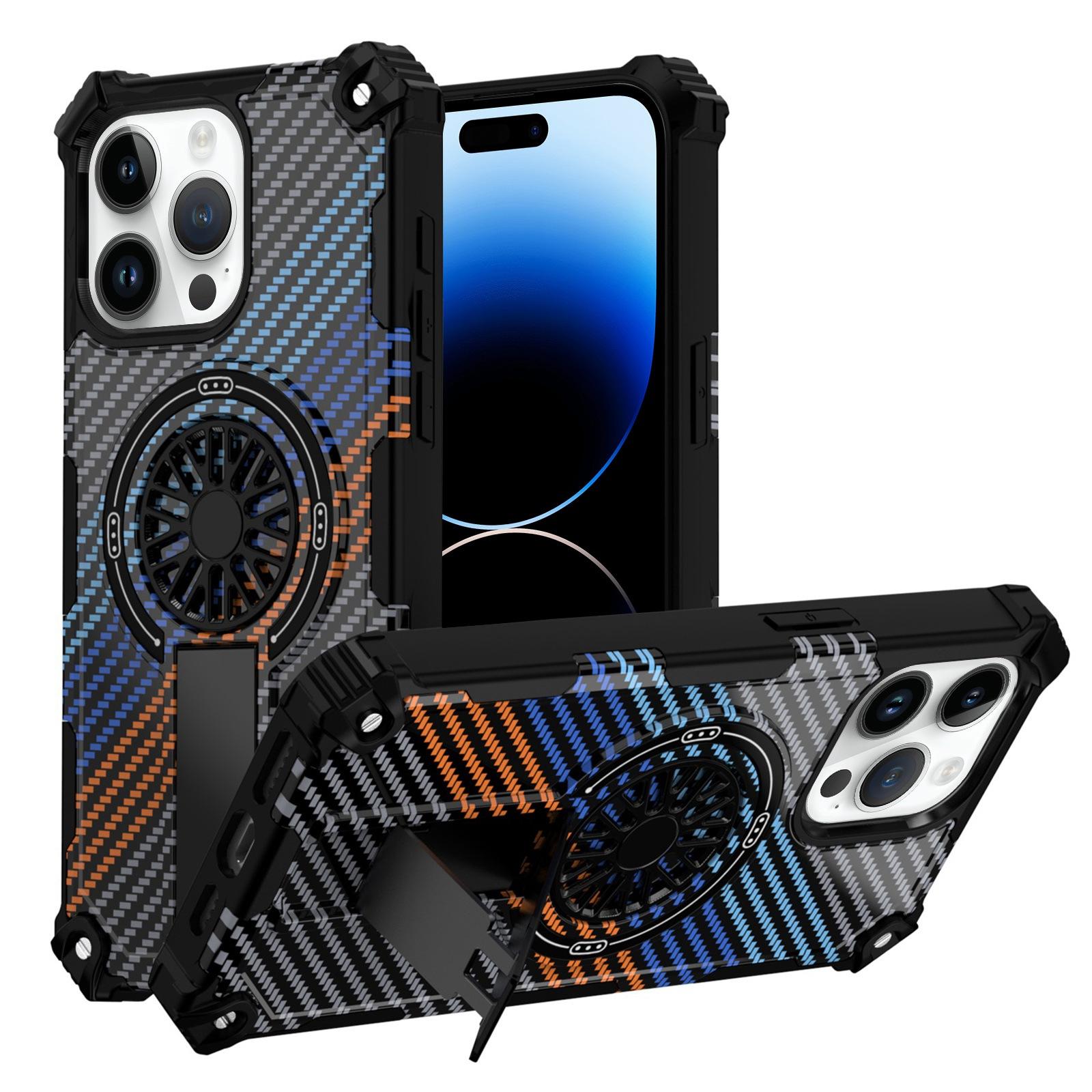 For iPhone 14 Pro Camouflage Kickstand Rotating Shaft MagSafe Phone Case(Carbon Fiber Rainbow) - Shopkiz.com