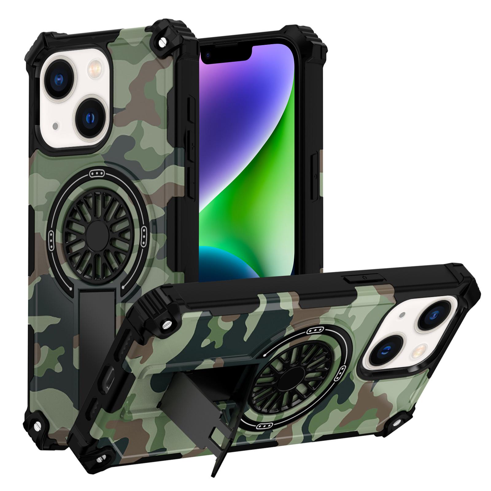 For iPhone 14 Plus Camouflage Kickstand Rotating Shaft MagSafe Phone Case(Army Green Camouflage) - Shopkiz.com