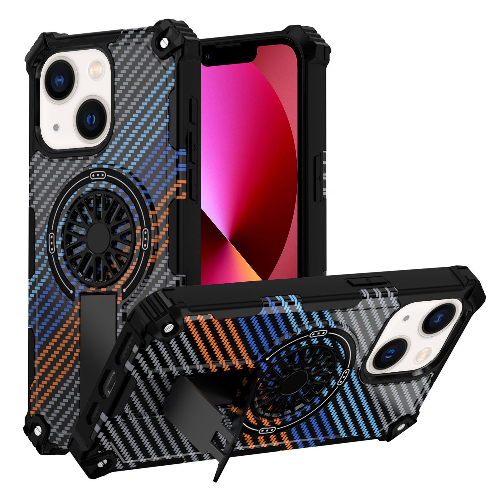 For iPhone 14 / 13 Camouflage Kickstand Rotating Shaft MagSafe Phone Case(Carbon Fiber Rainbow) - Shopkiz.com