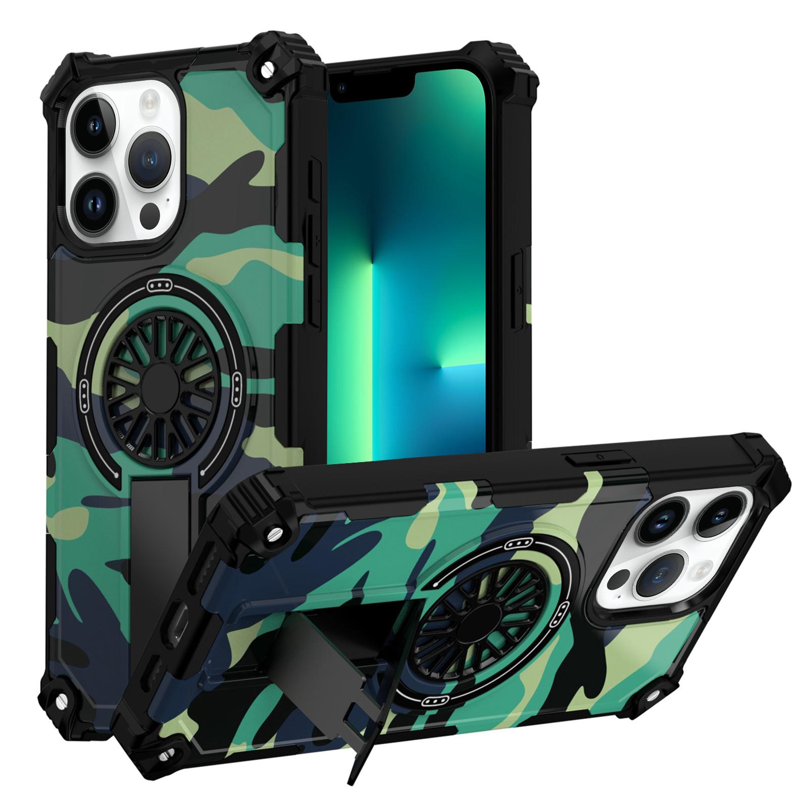 For iPhone 13 Pro Max Camouflage Kickstand Rotating Shaft MagSafe Phone Case(Green Camouflage) - Shopkiz.com