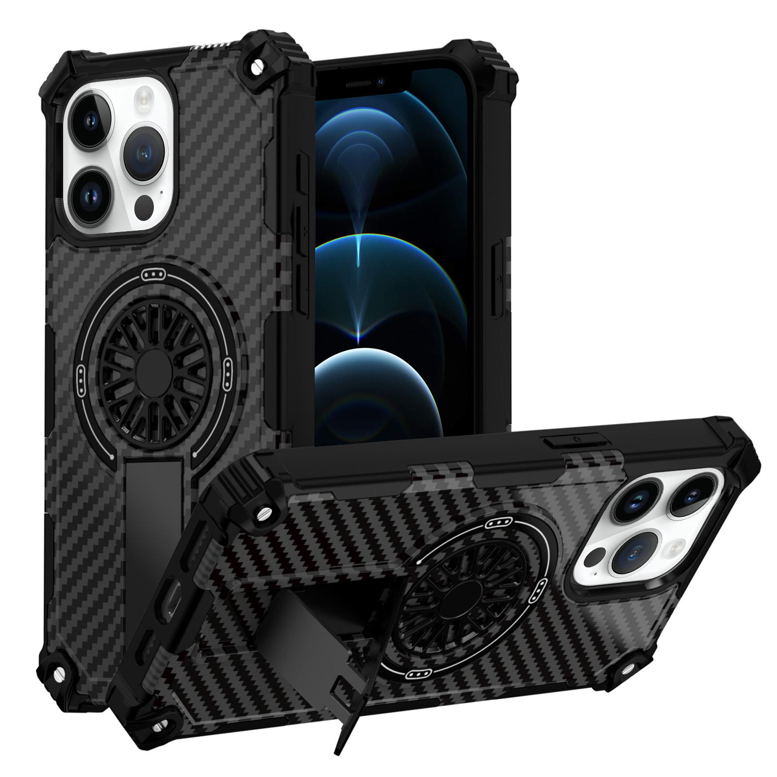 For iPhone 12 Pro Max Camouflage Kickstand Rotating Shaft MagSafe Phone Case(Carbon Fiber Black) - Shopkiz.com