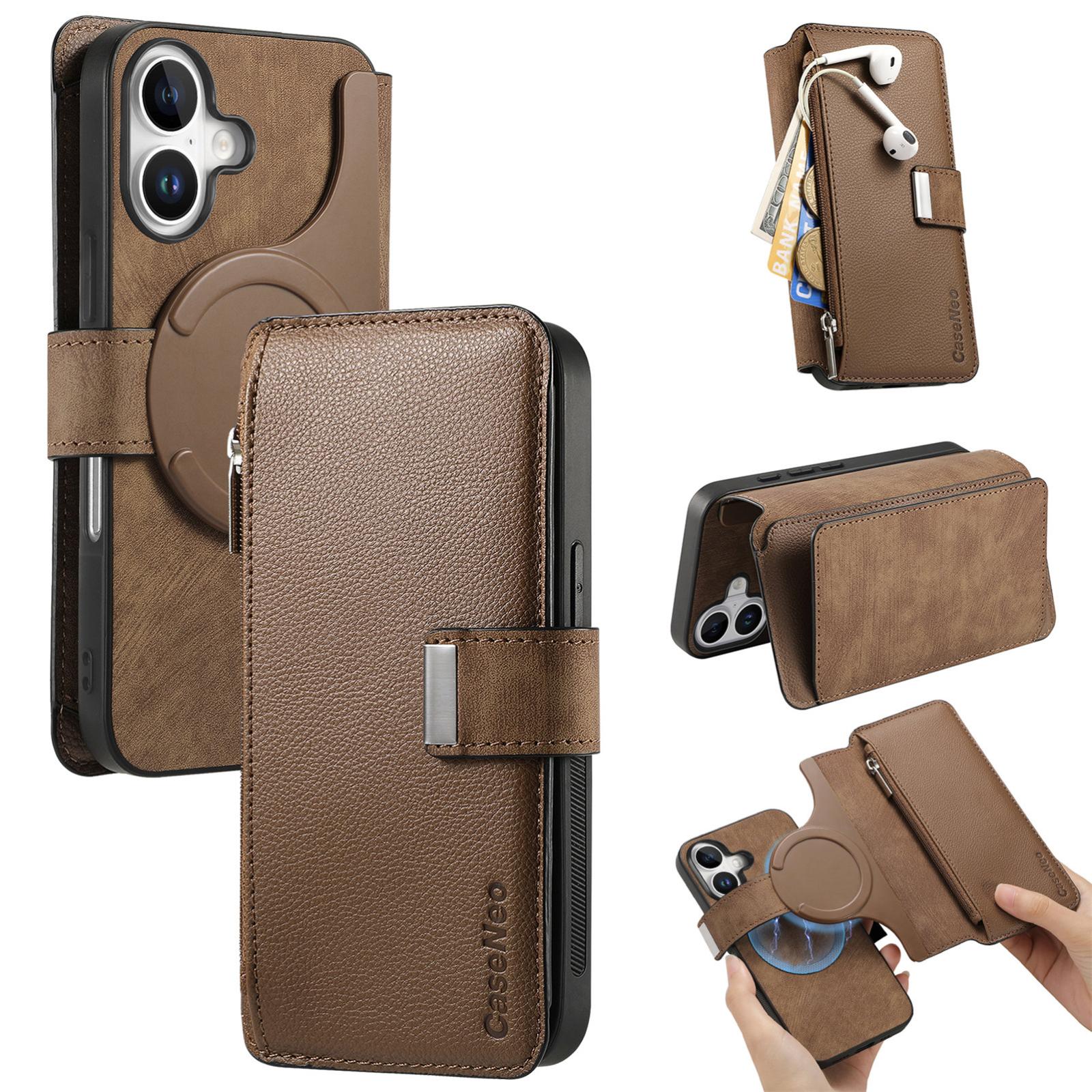 For iPhone 16 CaseNeo MagSafe RFID Anti-theft Zipper Wallet Retro Leather Phone Case(Brown) - Shopkiz.com