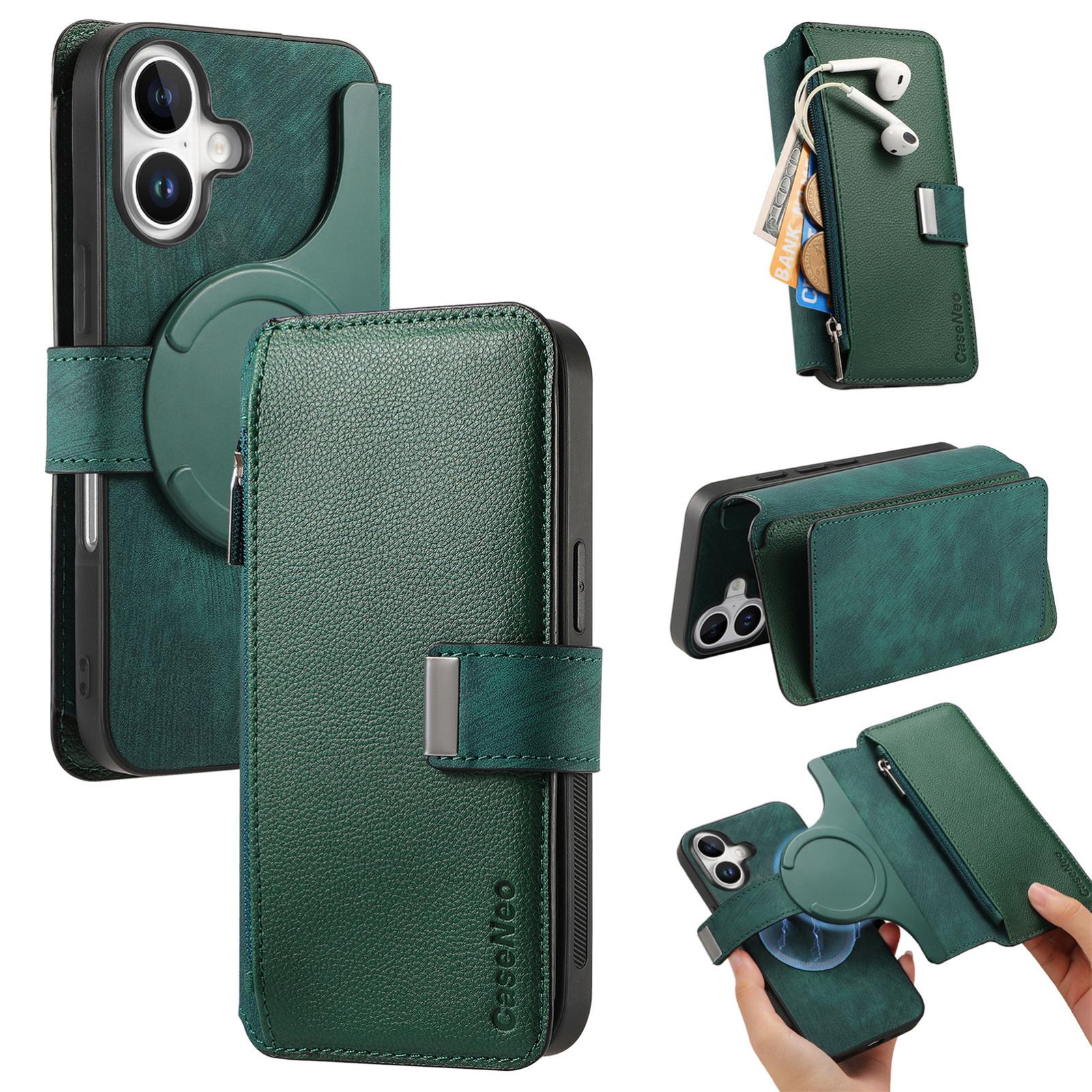 For iPhone 16 CaseNeo MagSafe RFID Anti-theft Zipper Wallet Retro Leather Phone Case(Green) - Shopkiz.com