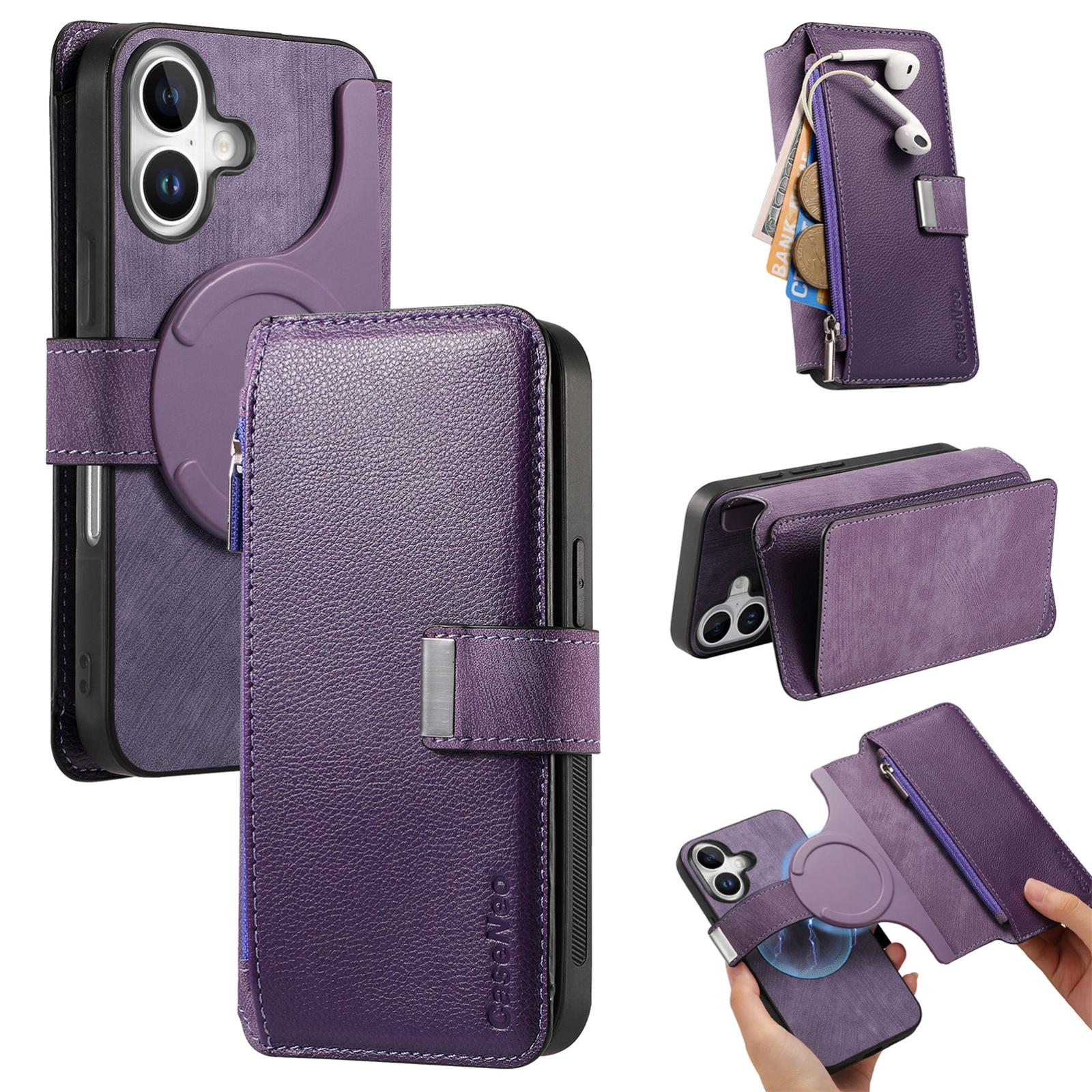 For iPhone 16 CaseNeo MagSafe RFID Anti-theft Zipper Wallet Retro Leather Phone Case(Purple) - Shopkiz.com