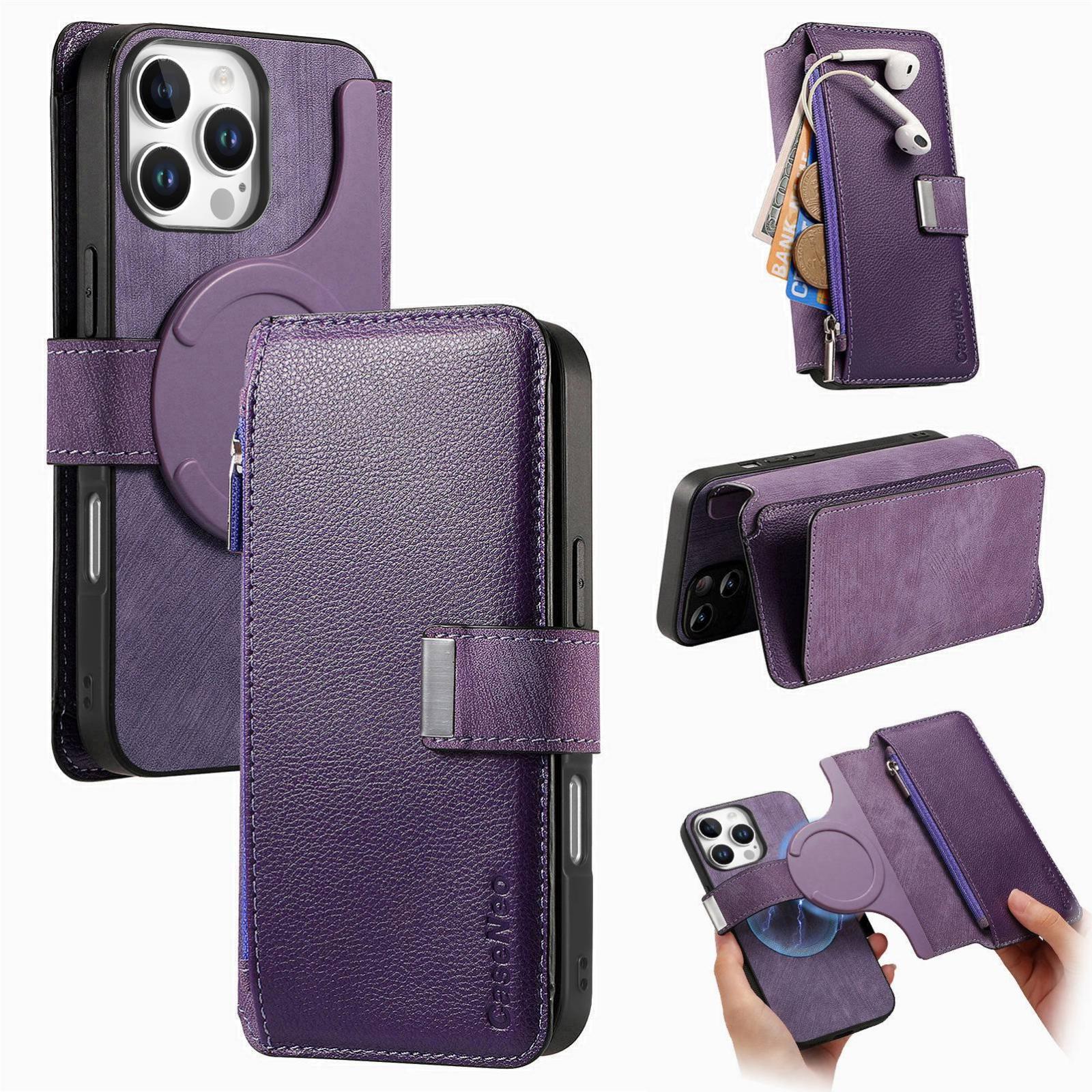 For iPhone 15 Pro Max CaseNeo MagSafe RFID Anti-theft Zipper Wallet Retro Leather Phone Case(Purple) - Shopkiz.com