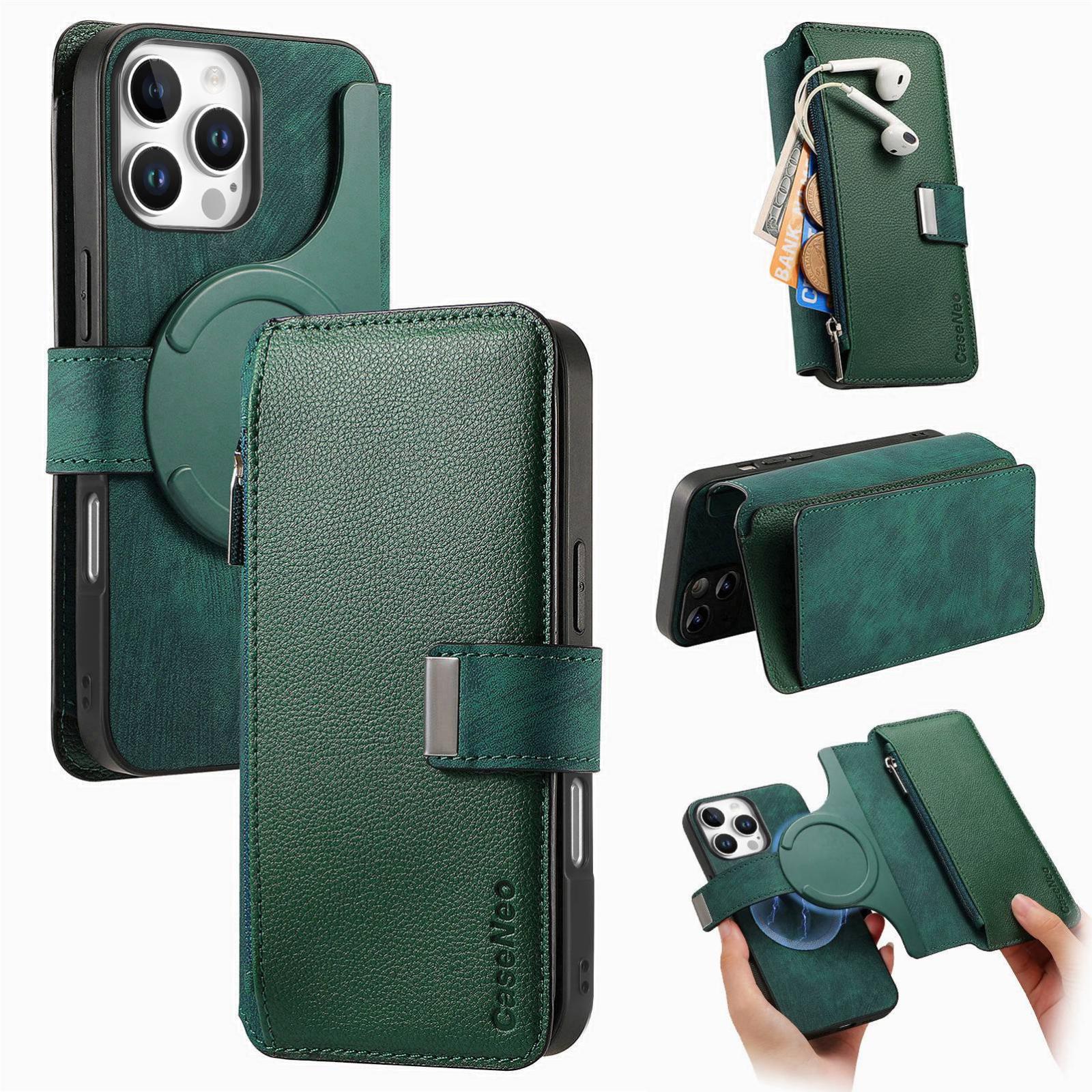 For iPhone 15 Pro CaseNeo MagSafe RFID Anti-theft Zipper Wallet Retro Leather Phone Case(Green) - Shopkiz.com
