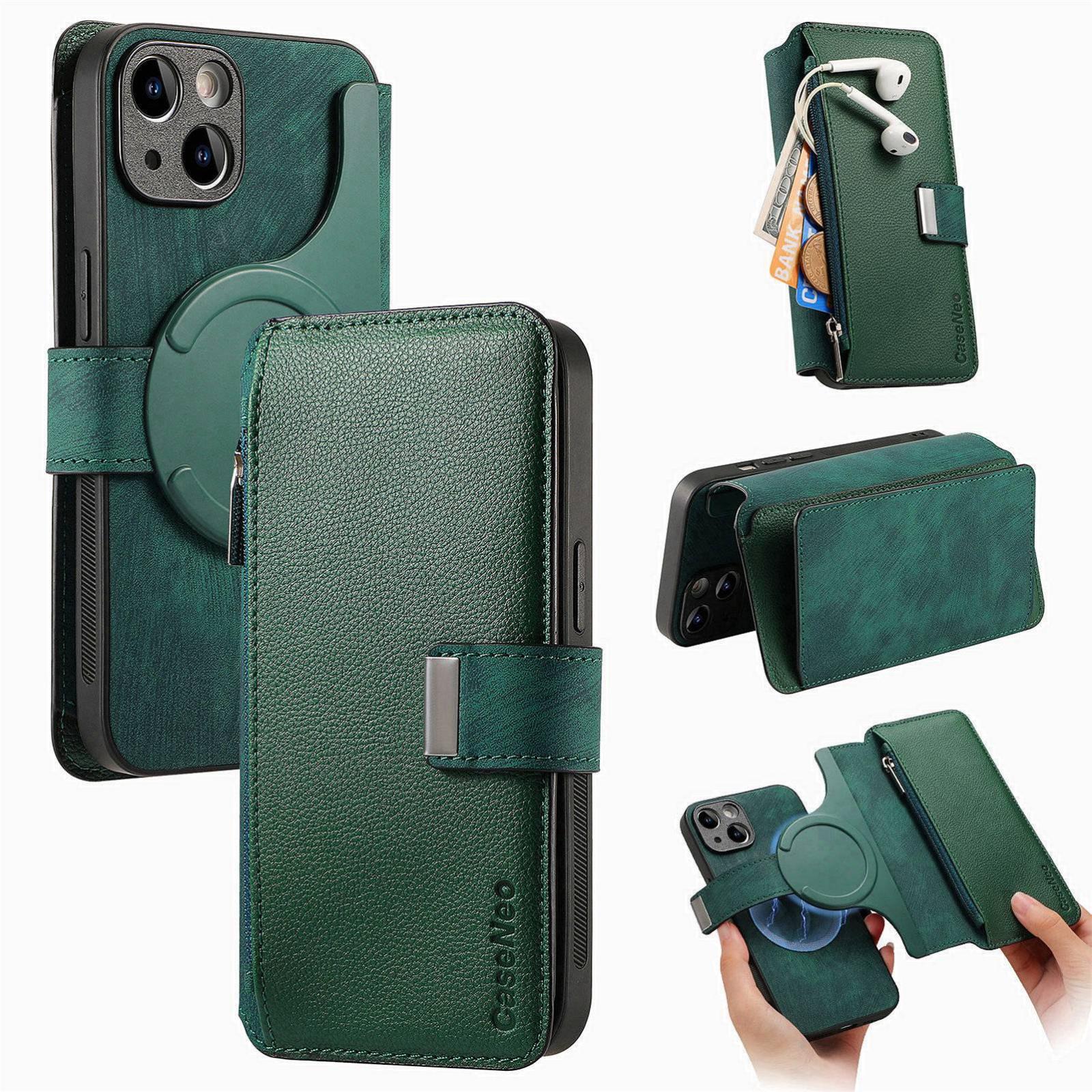 For iPhone 15 CaseNeo MagSafe RFID Anti-theft Zipper Wallet Retro Leather Phone Case(Green) - Shopkiz.com