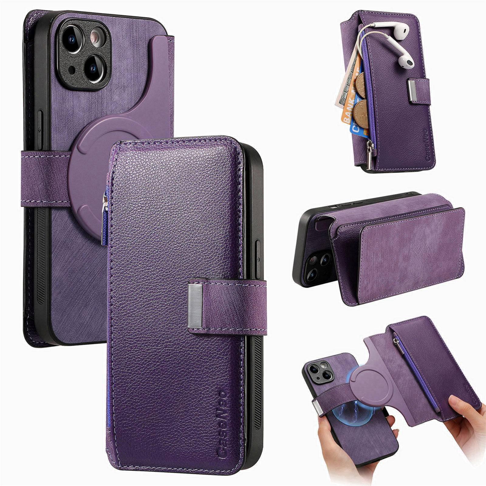 For iPhone 15 CaseNeo MagSafe RFID Anti-theft Zipper Wallet Retro Leather Phone Case(Purple) - Shopkiz.com
