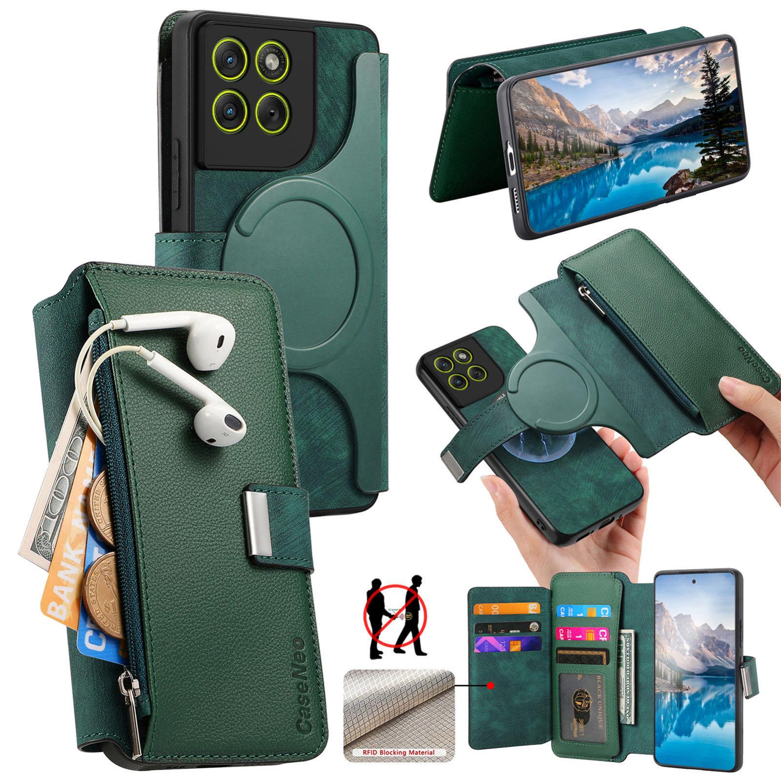 For Motorola Moto G67 Power 5G CaseNeo MagSafe RFID Anti-theft Zipper Wallet Retro Leather Phone Case(Green) - Shopkiz.com