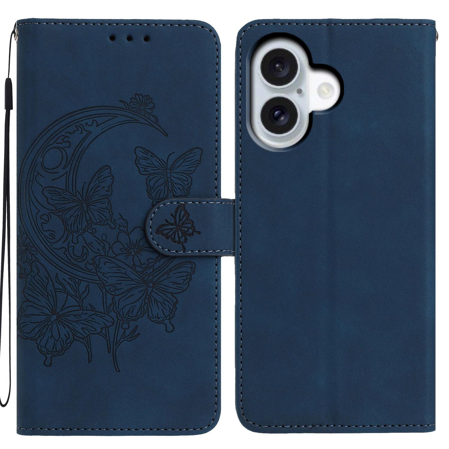For iPhone 17 Moonlit Butterfly Dance Pattern Embossed Leather Phone Case(Navy Blue) - Shopkiz.com