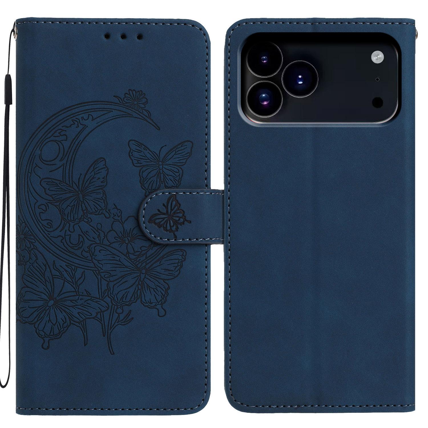 For iPhone 17 Pro Moonlit Butterfly Dance Pattern Embossed Leather Phone Case(Navy Blue) - Shopkiz.com