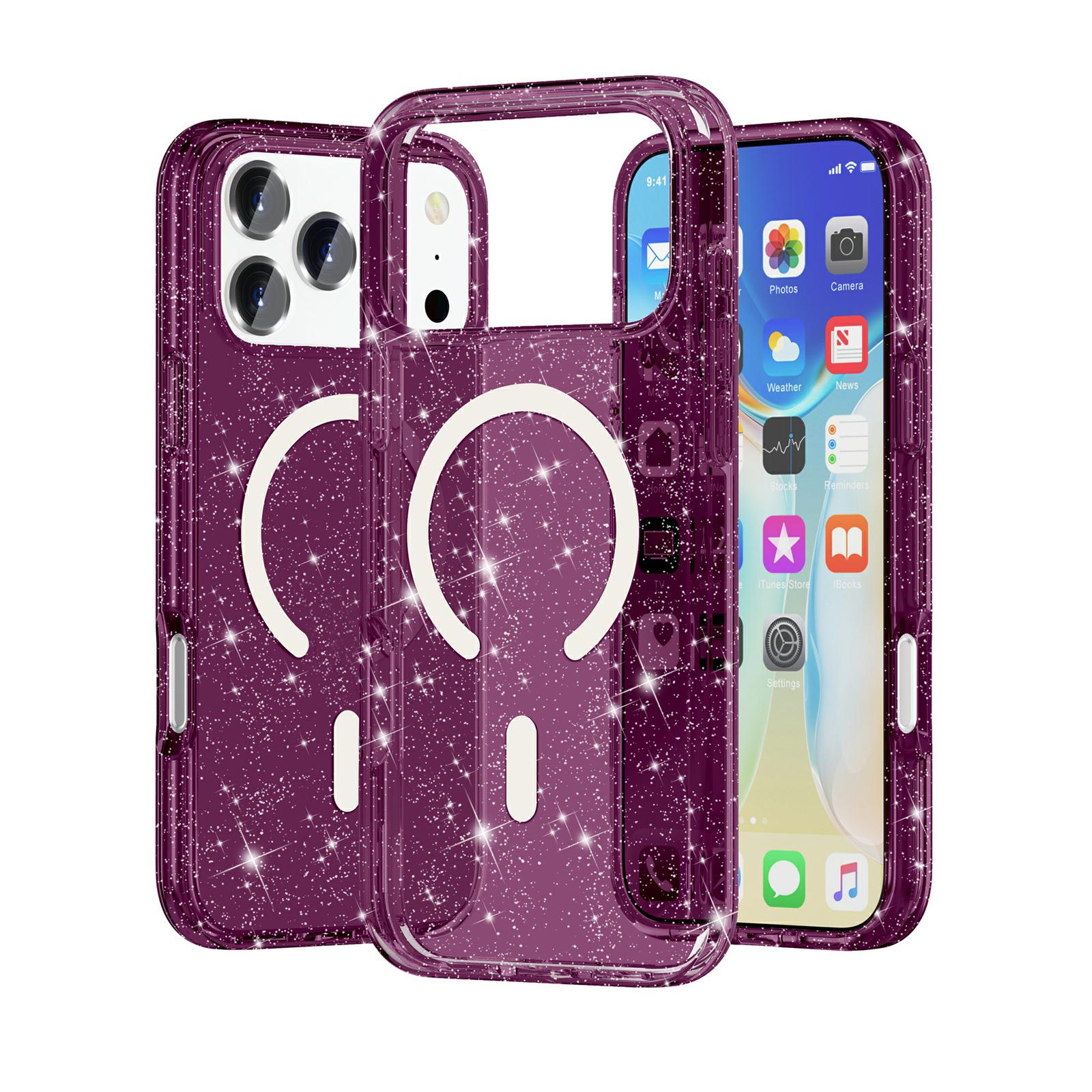 For iPhone 18 Pro Max / 17 Pro Max Terminator Style Glitter Powder MagSafe Magnetic Phone Case(Cherry Red) - Shopkiz.com