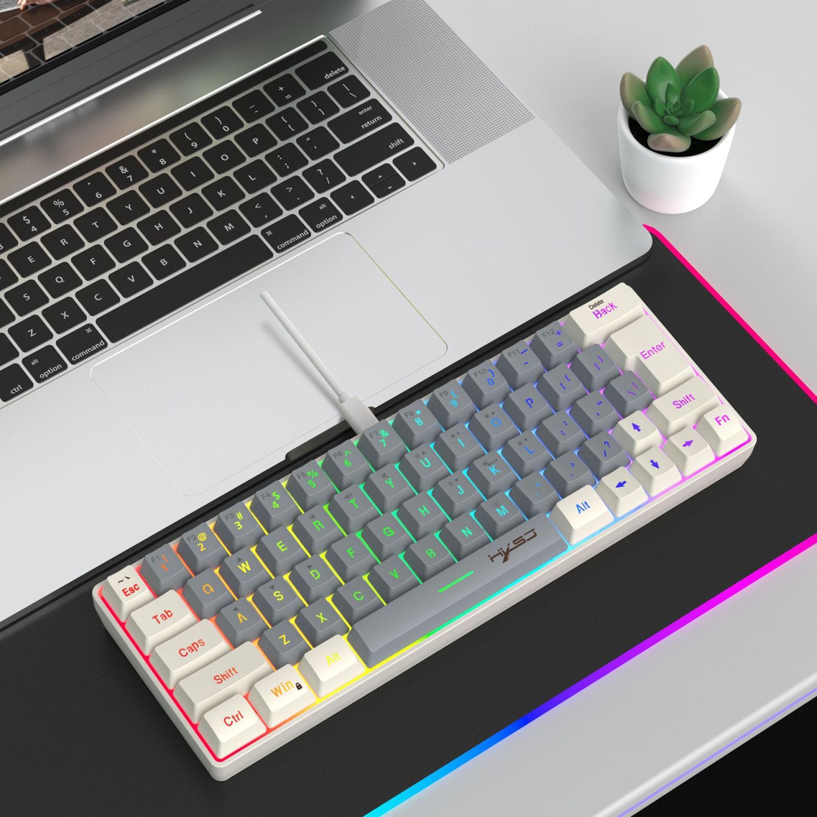 HXSJ V400 Wired Color Matching RGB Backlit Membrane Keyboard 63 Key Caps, Cable Length: 1.7m(Beige + Grey 2-color) - Shopkiz.com