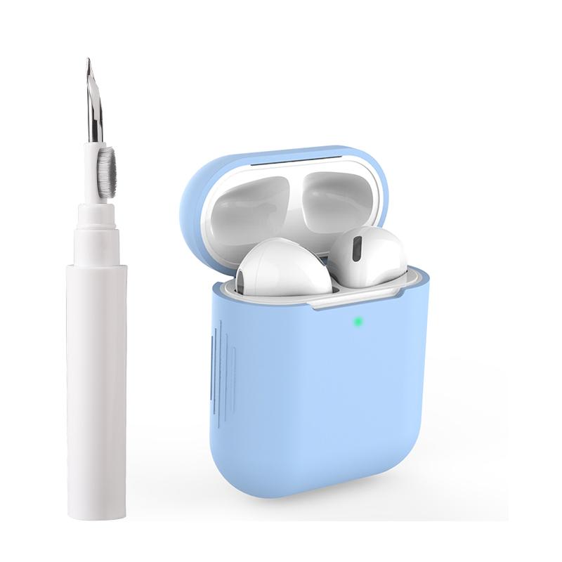 For AirPods 1 / 2 Silicone Buckleless Earphone Protective Case with Cleaning Pen(Sky Blue) - Shopkiz.com