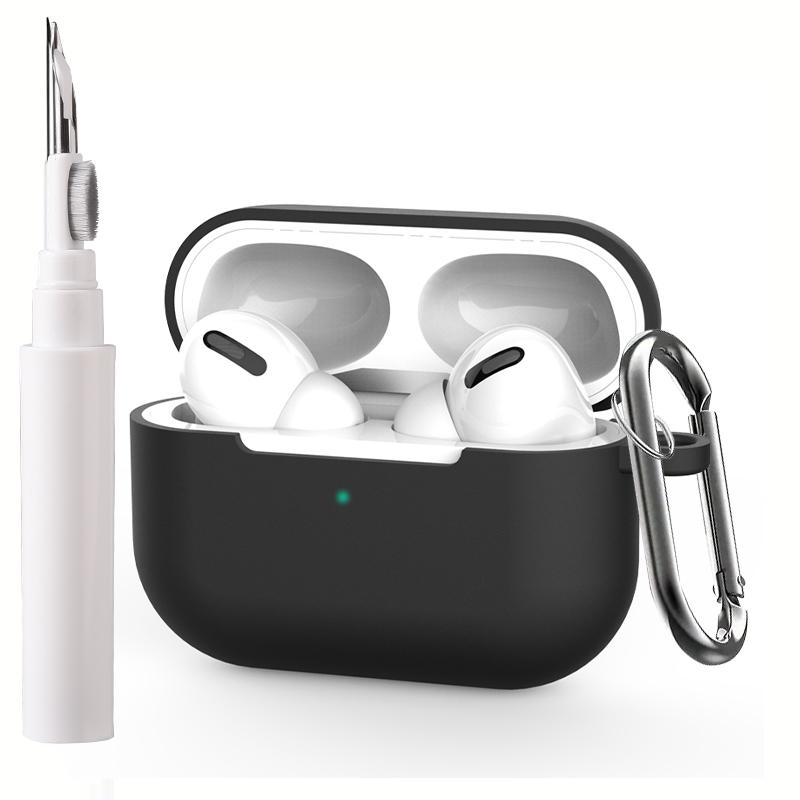For AirPods Pro Silicone Earphone Protective Cover with Cleaning Pen + Hanging Buckle(Black) - Shopkiz.com
