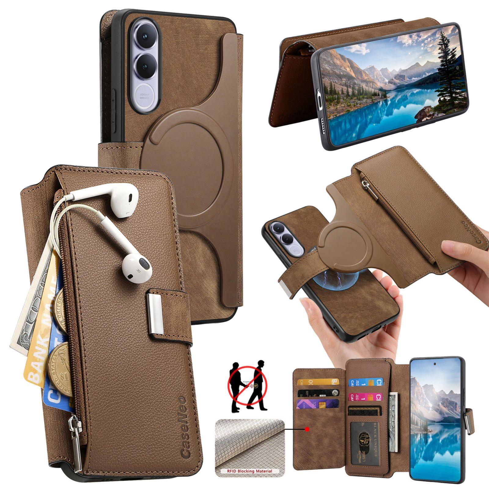 For vivo V70 FE 5G CaseNeo MagSafe RFID Anti-theft Zipper Wallet Retro Leather Phone Case(Brown) - Shopkiz.com