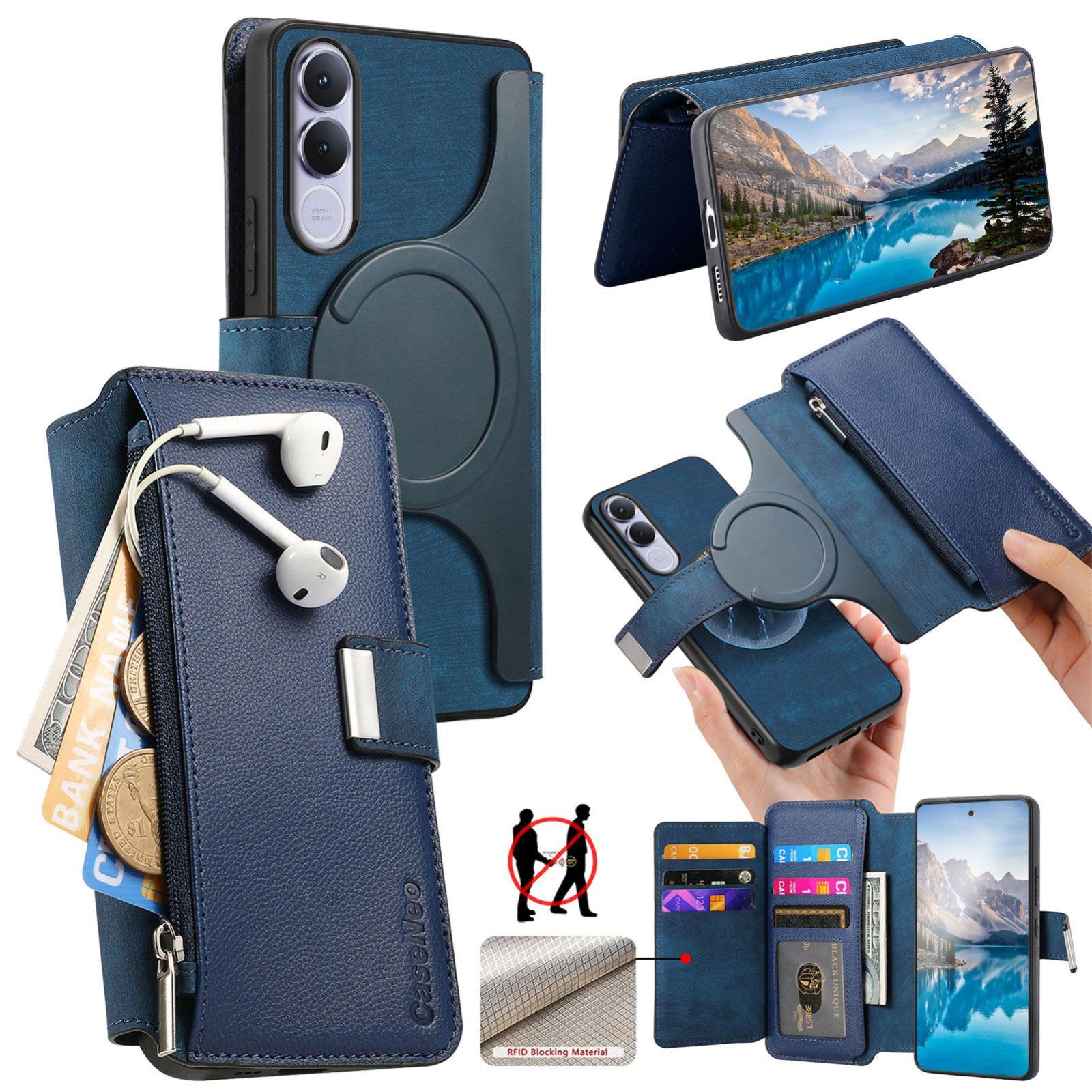 For vivo V70 FE 5G CaseNeo MagSafe RFID Anti-theft Zipper Wallet Retro Leather Phone Case(Blue) - Shopkiz.com