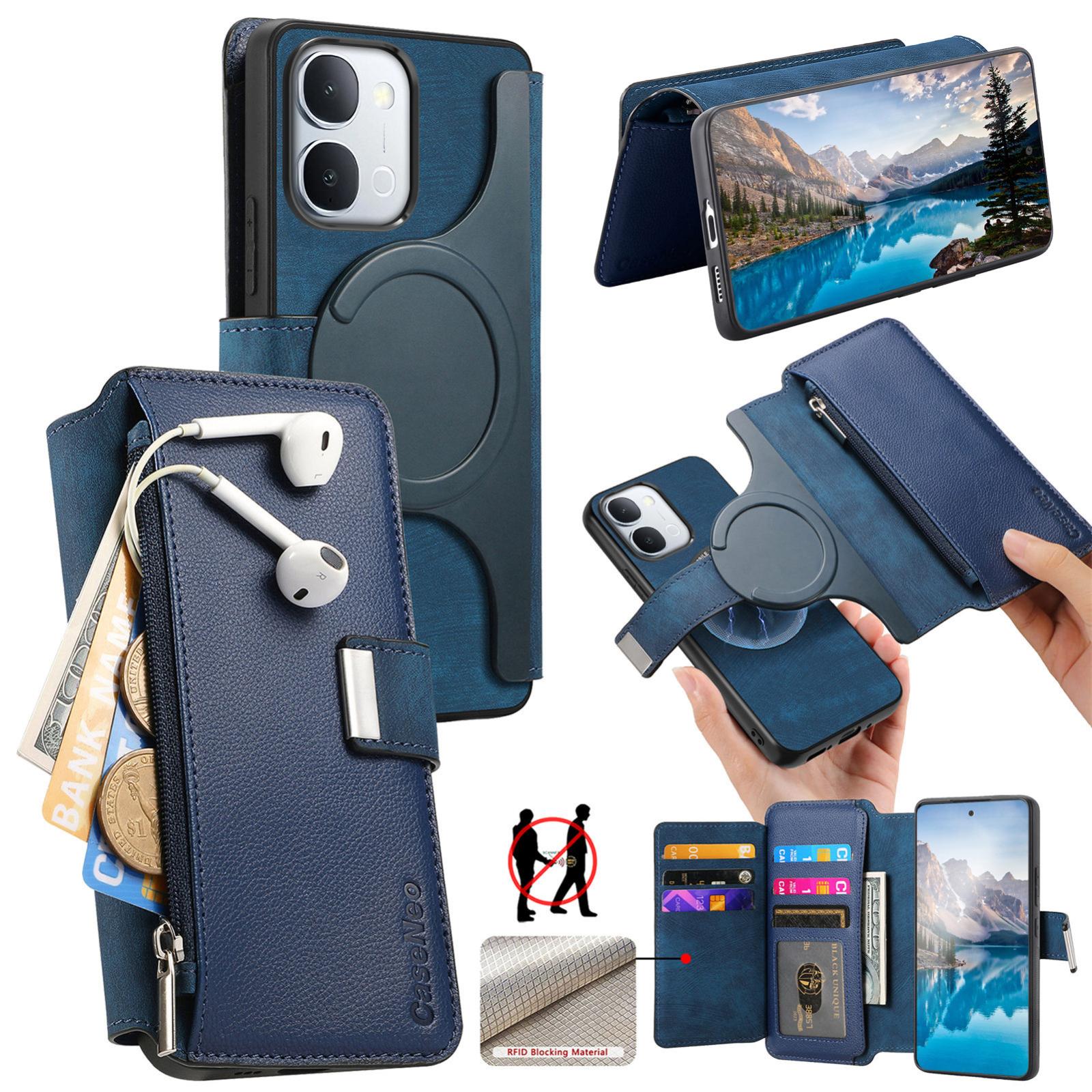 For vivo Y500i 5G CaseNeo MagSafe RFID Anti-theft Zipper Wallet Retro Leather Phone Case(Blue) - Shopkiz.com