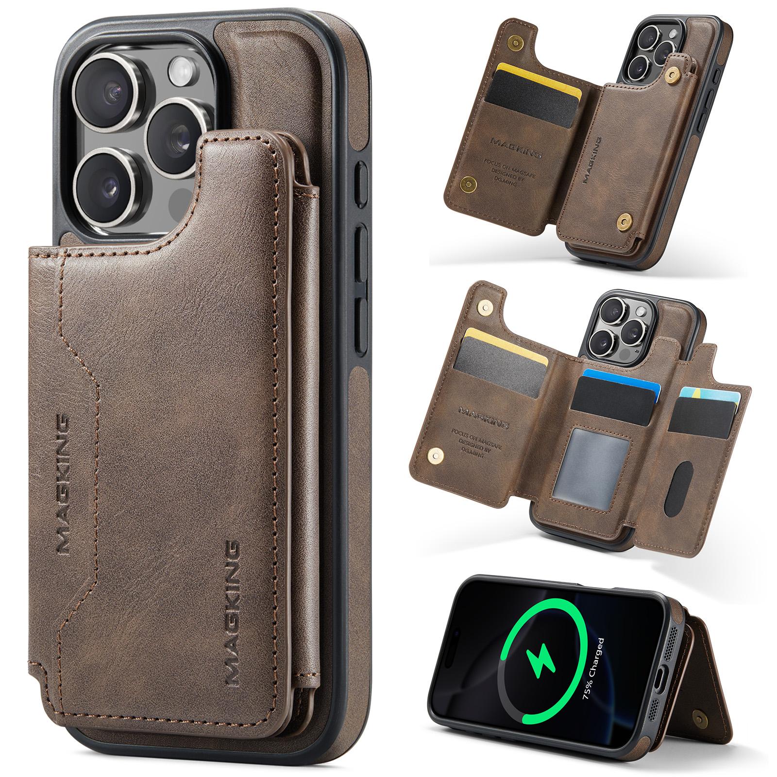 For iPhone 16 Pro MAGKING K3 Series MagSafe RFID Card Bag Detachable Phone Case(Coffee) - Shopkiz.com