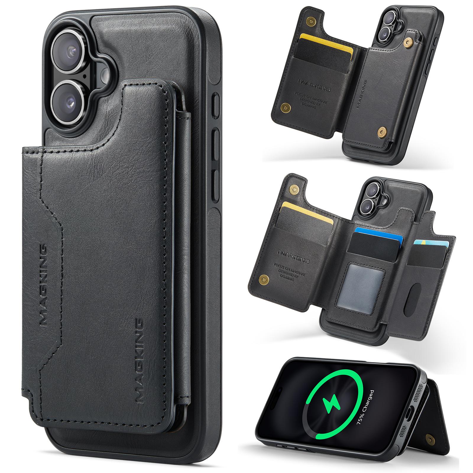 For iPhone 16 Plus MAGKING K3 Series MagSafe RFID Card Bag Detachable Phone Case(Black) - Shopkiz.com
