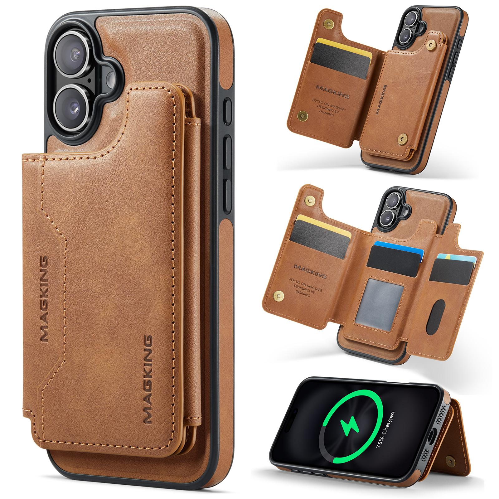 For iPhone 16 Plus MAGKING K3 Series MagSafe RFID Card Bag Detachable Phone Case(Brown) - Shopkiz.com